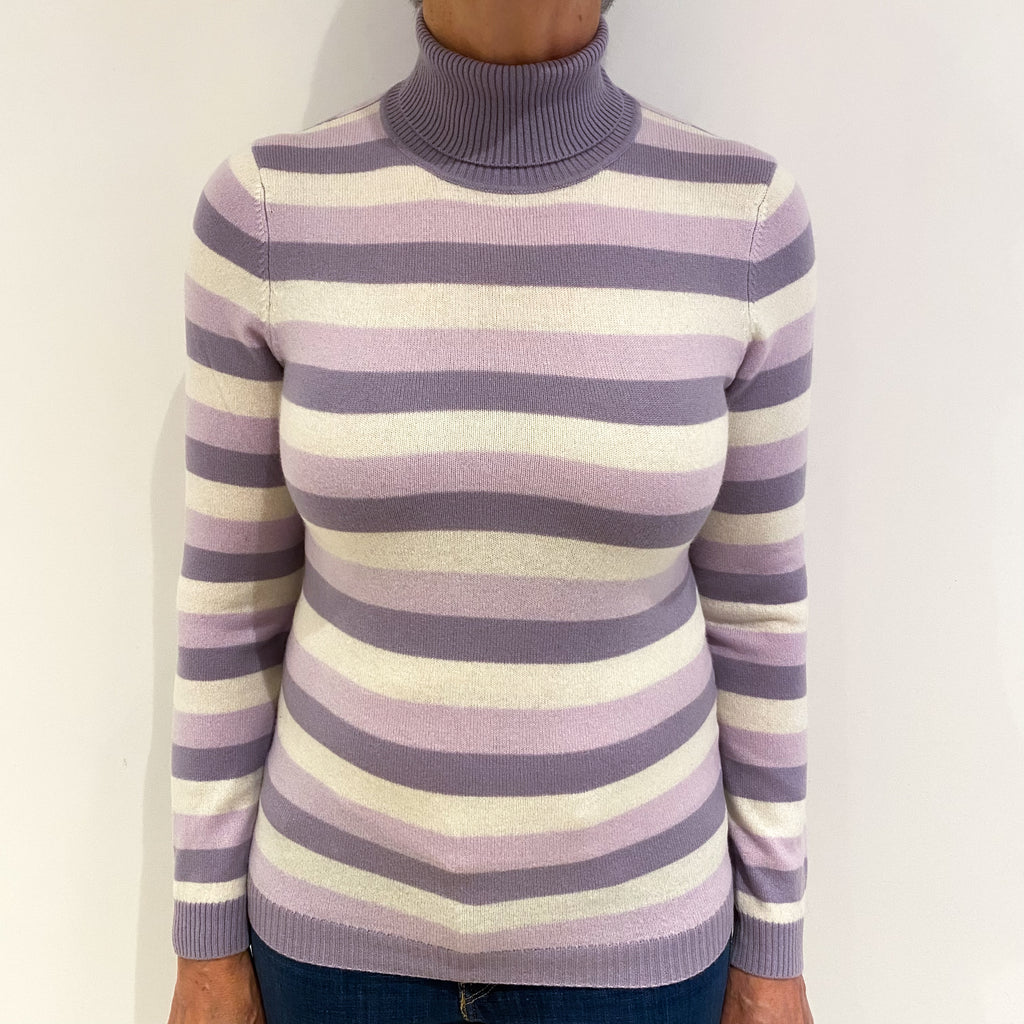 Pale Purple and Cream Striped Cashmere Polo Neck Jumper Medium