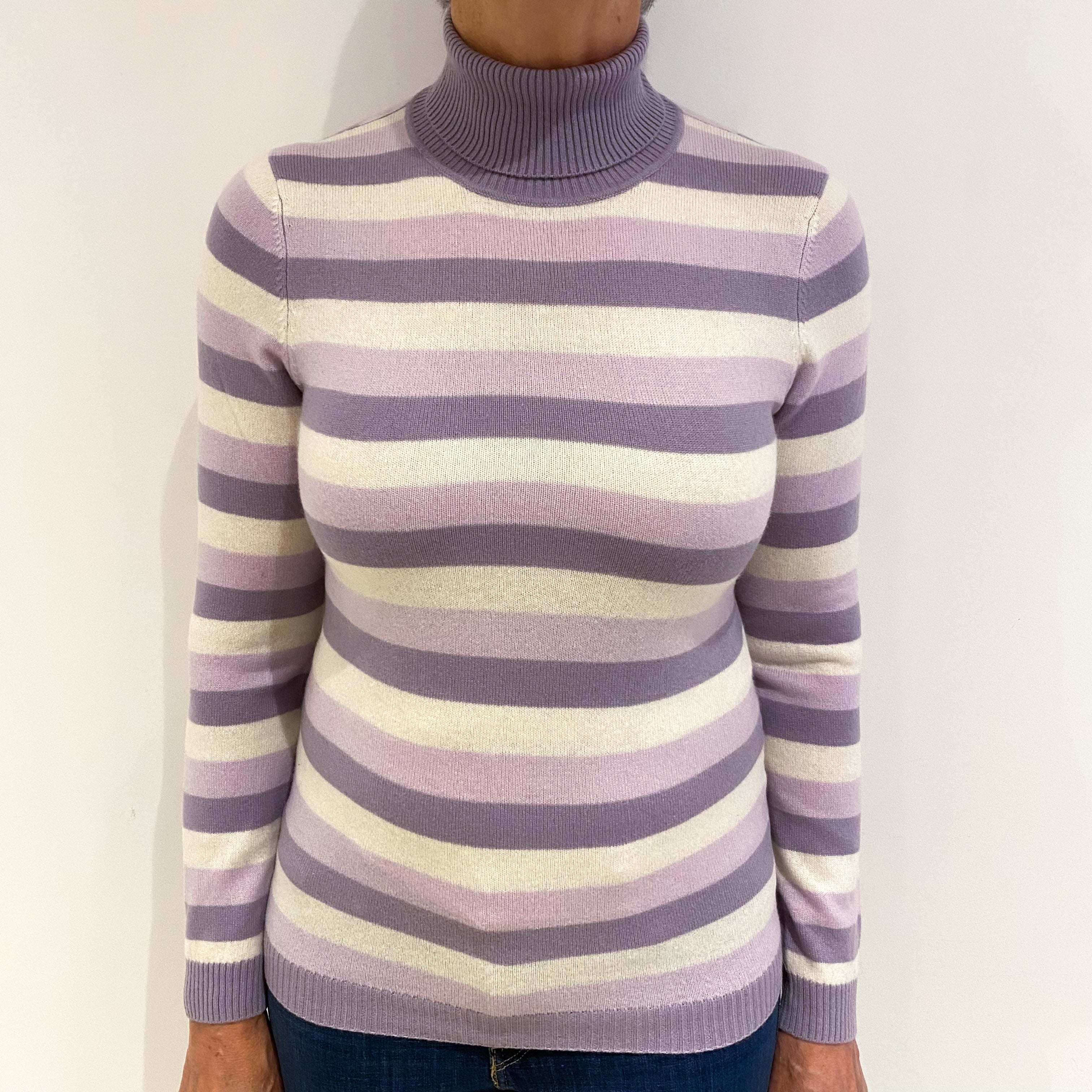 Pale Purple and Cream Striped Cashmere Polo Neck Jumper Medium