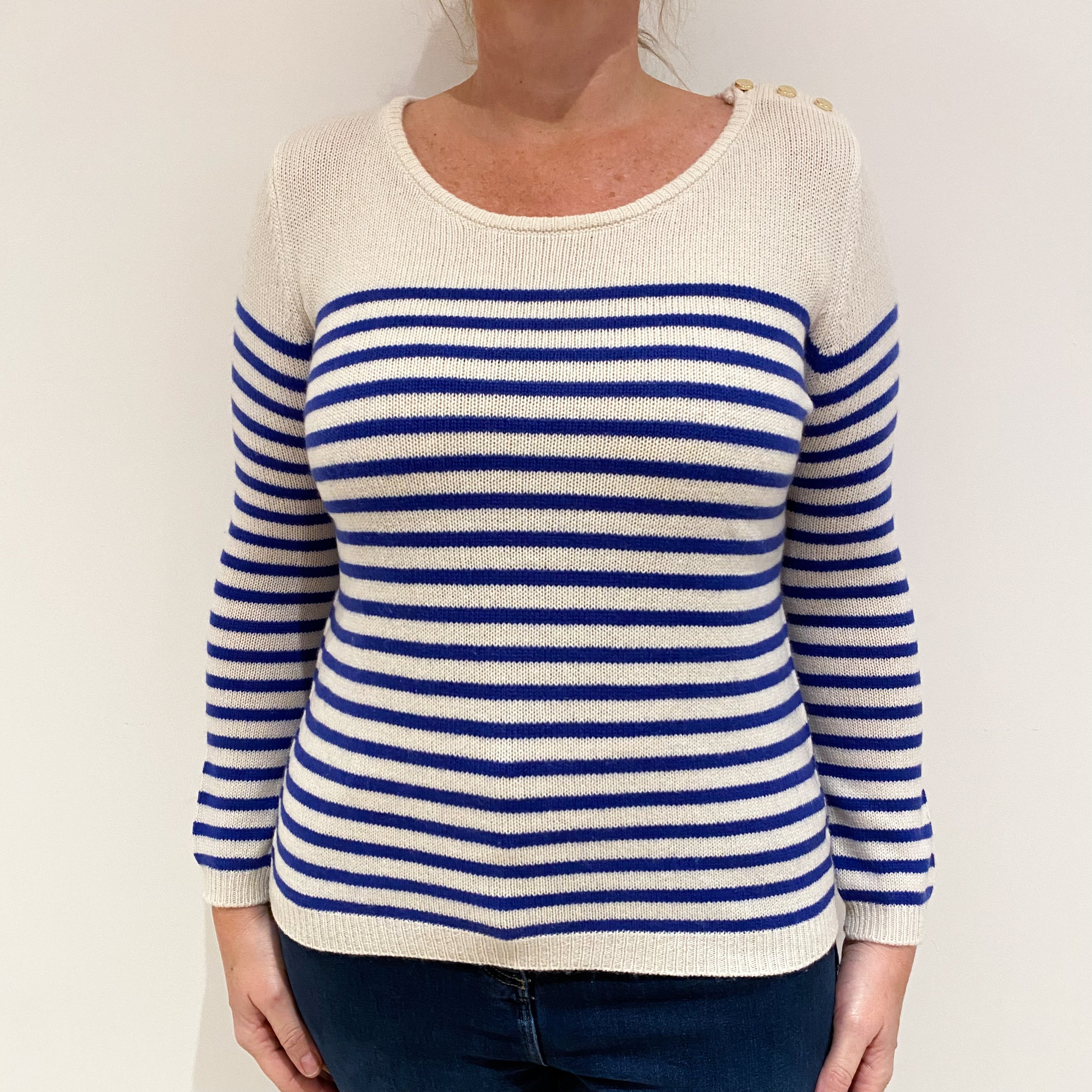 Cream Blue Stripe Cashmere Crew Neck Jumper Large