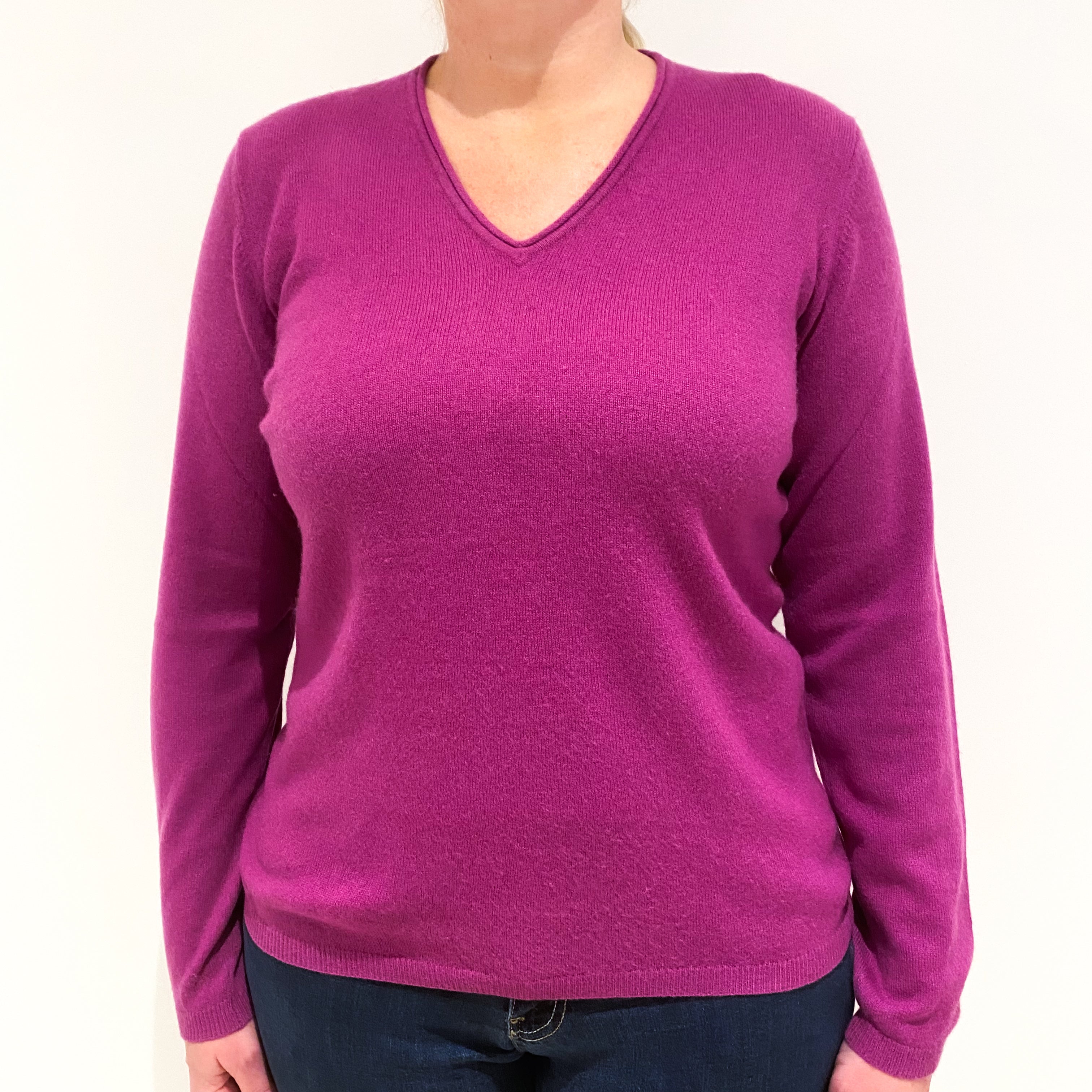 Magenta Pink Cashmere V-Neck Jumper Large