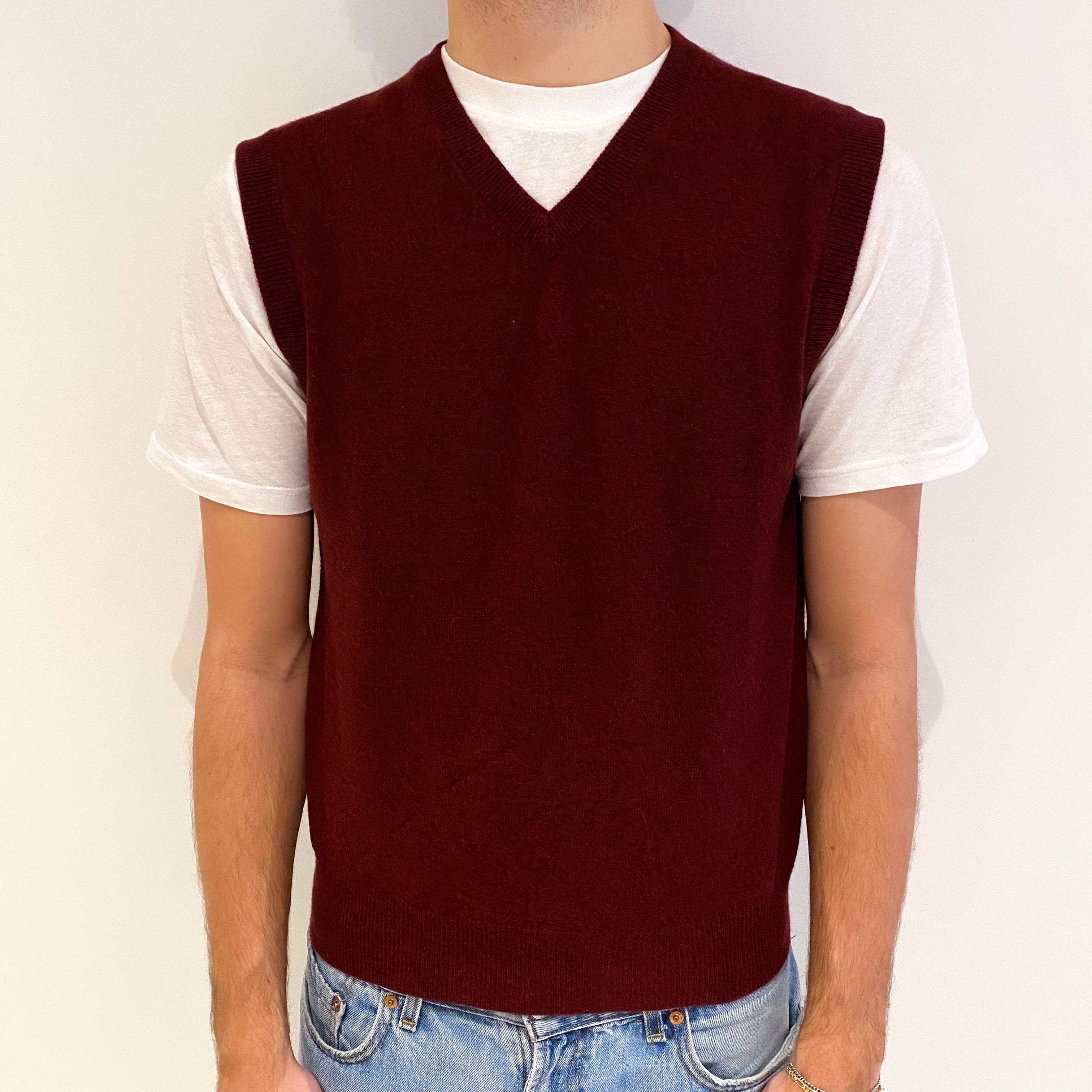 Men's Wine Red Cashmere V Neck Tank Top Large