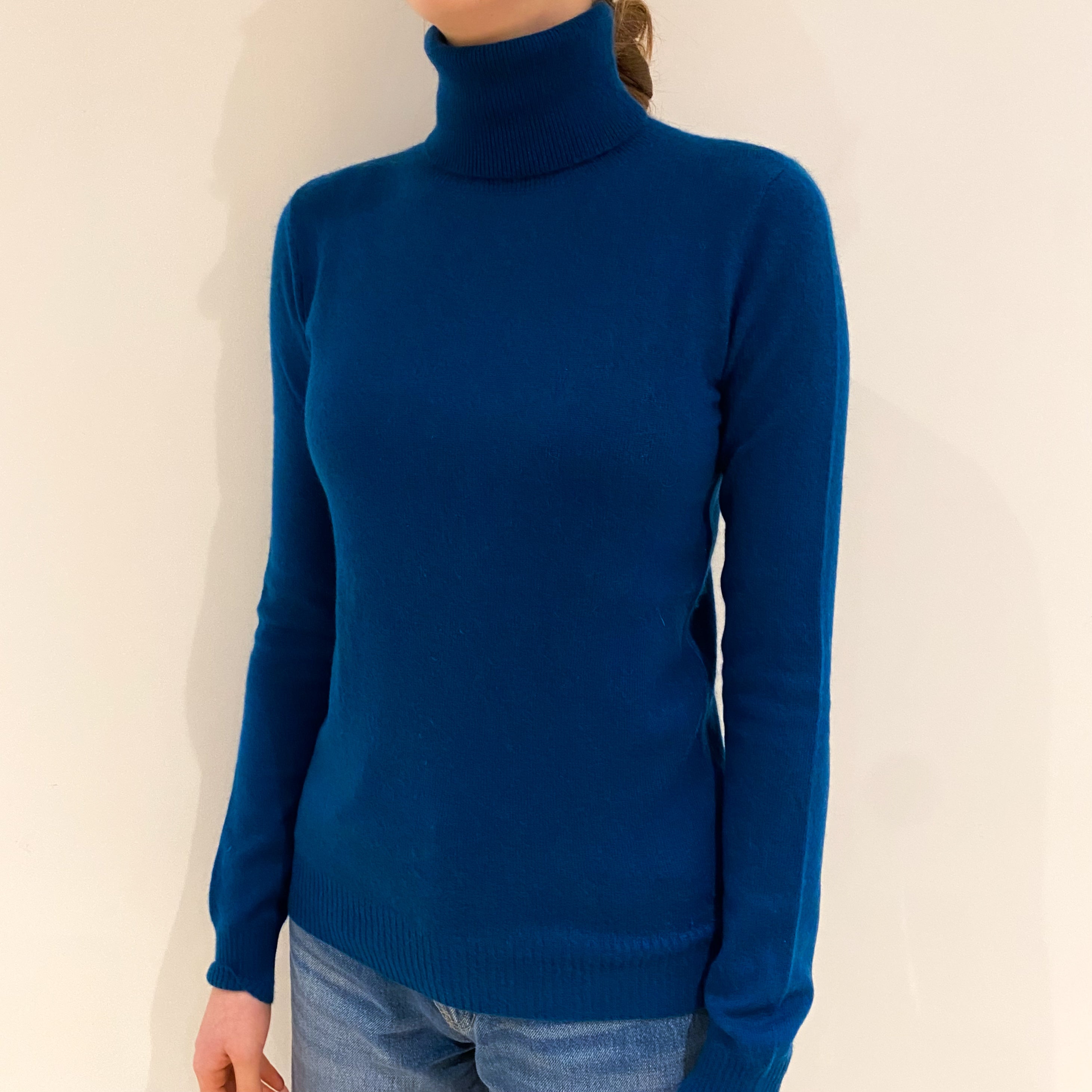 Peacock Blue Cashmere Polo Neck Jumper Extra Small