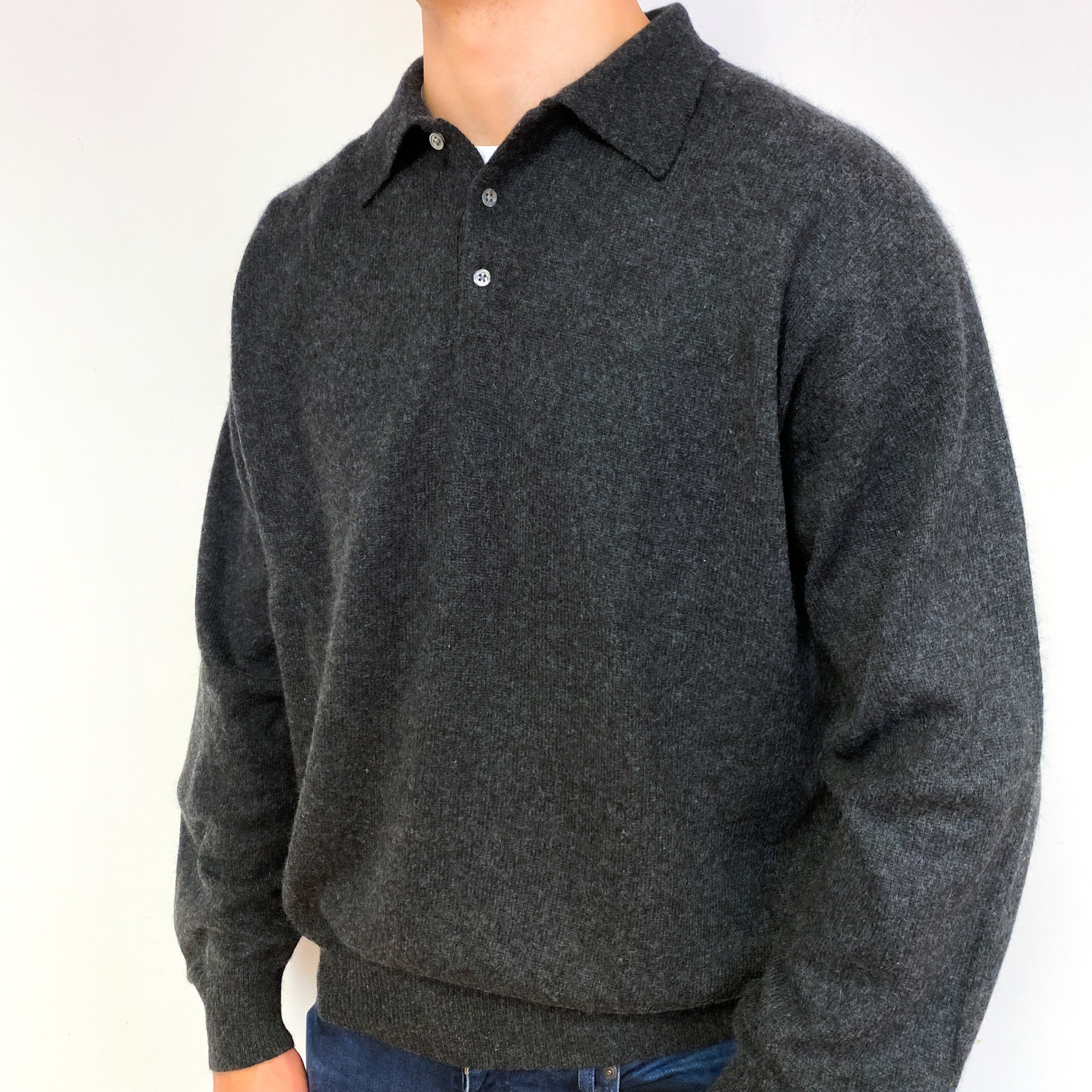 Men's Charcoal Grey Cashmere 1/4 Button Jumper Extra Large