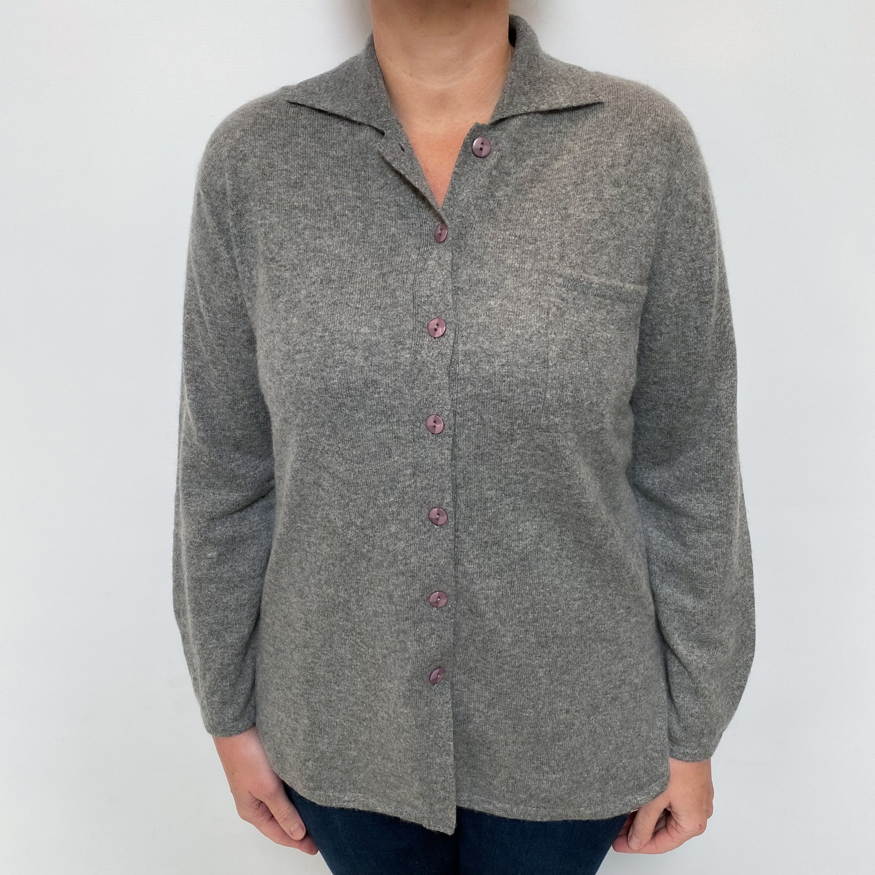 Ash Grey Cashmere Shirt Style Cardigan Large