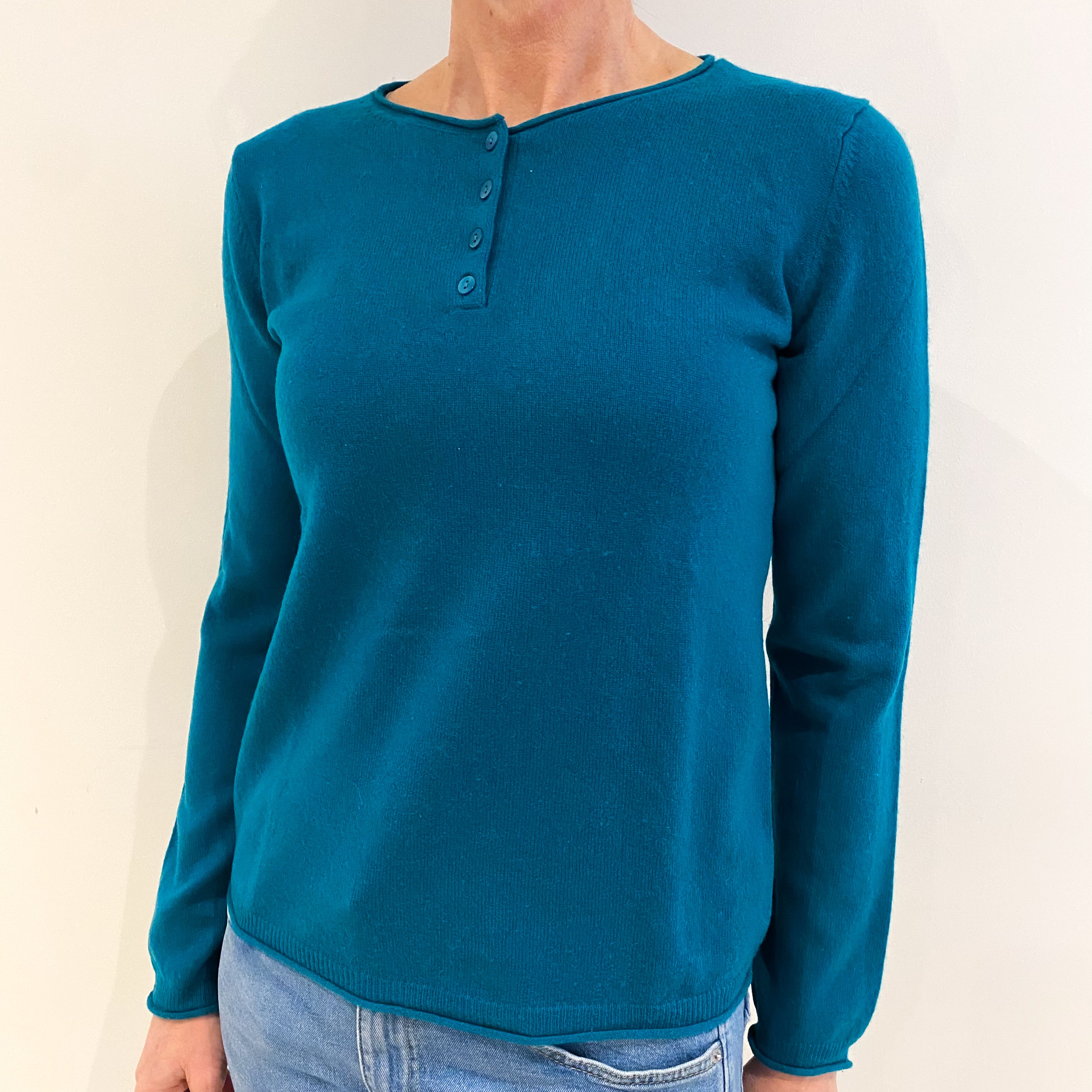 Lincoln Green Cashmere Buttoned Crew Neck Jumper Small