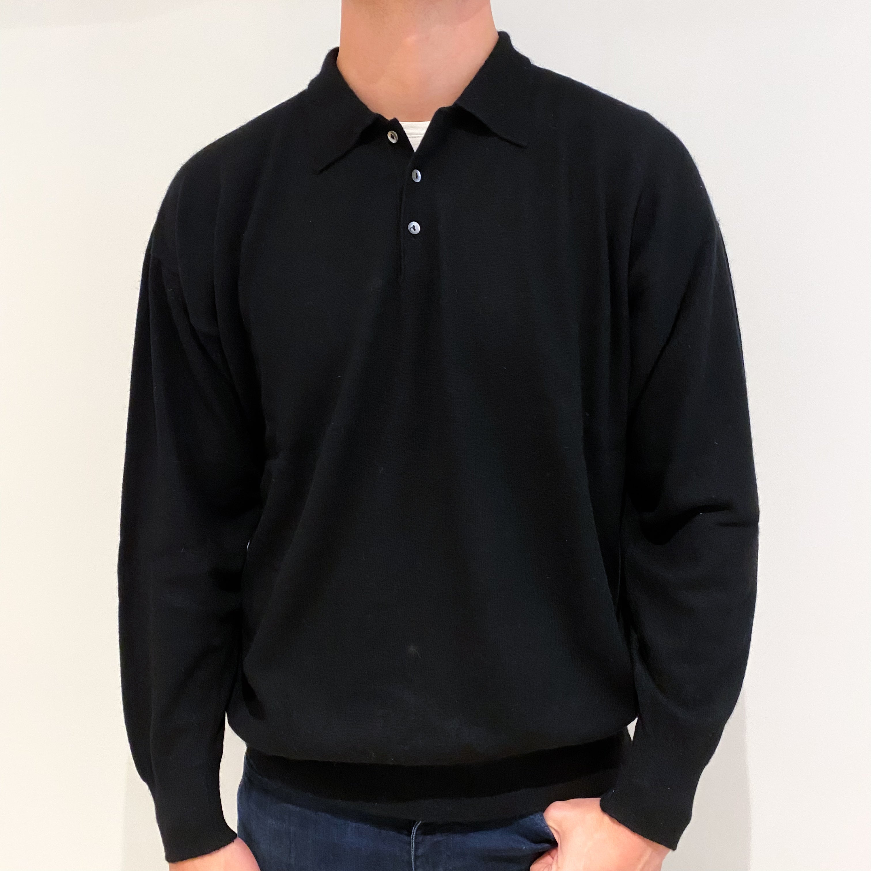 Men's Scottish Black Cashmere Collared 1/4 Button Jumper Extra Extra Large