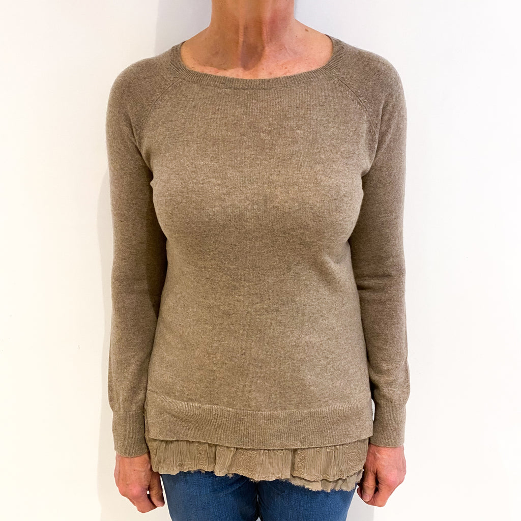 Fudge Brown With Frill Hem Cashmere Crew Neck Longline Jumper Medium