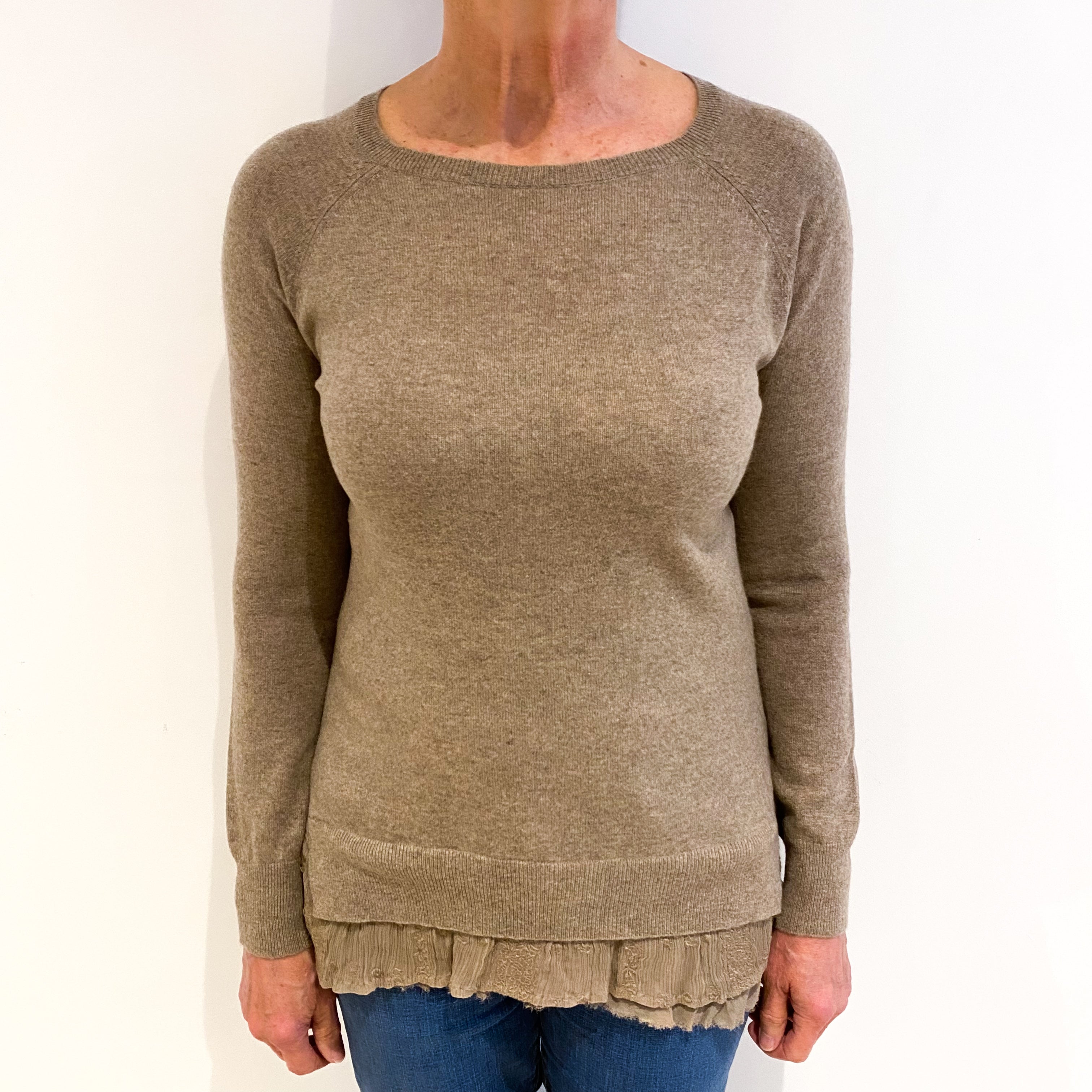 Fudge Brown With Frill Hem Cashmere Crew Neck Longline Jumper Medium