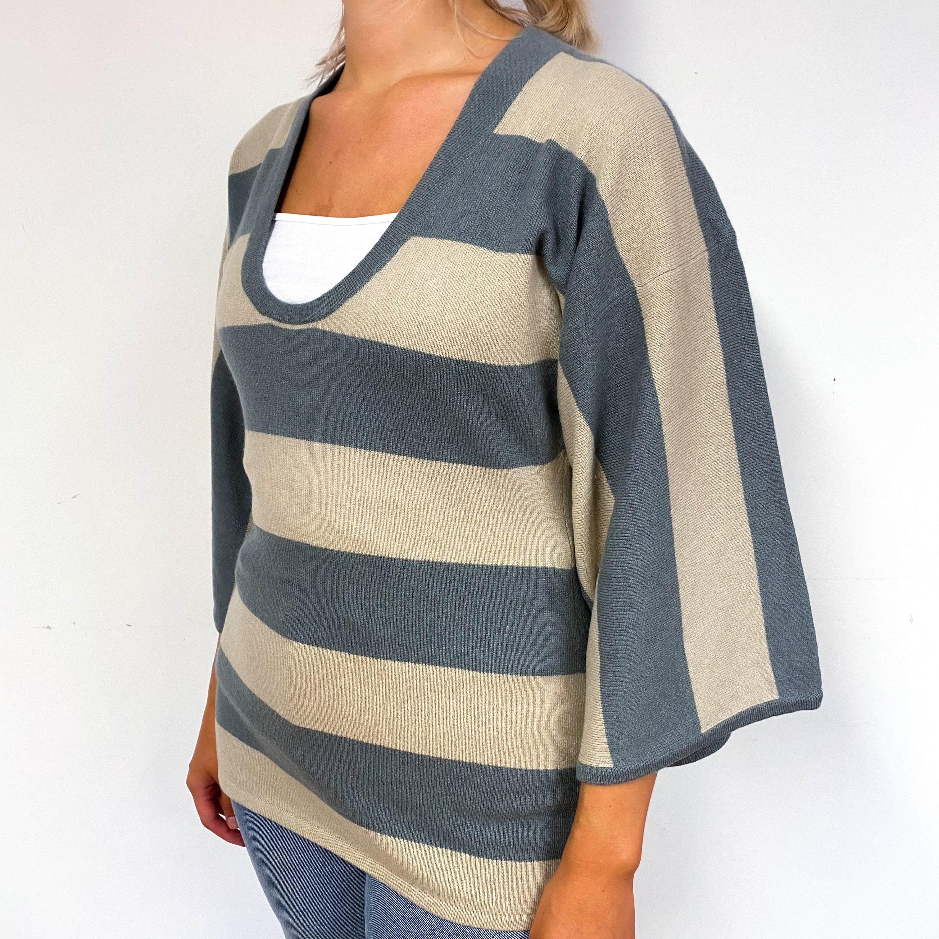 Grey Beige Striped Cashmere Crew Neck Jumper Small