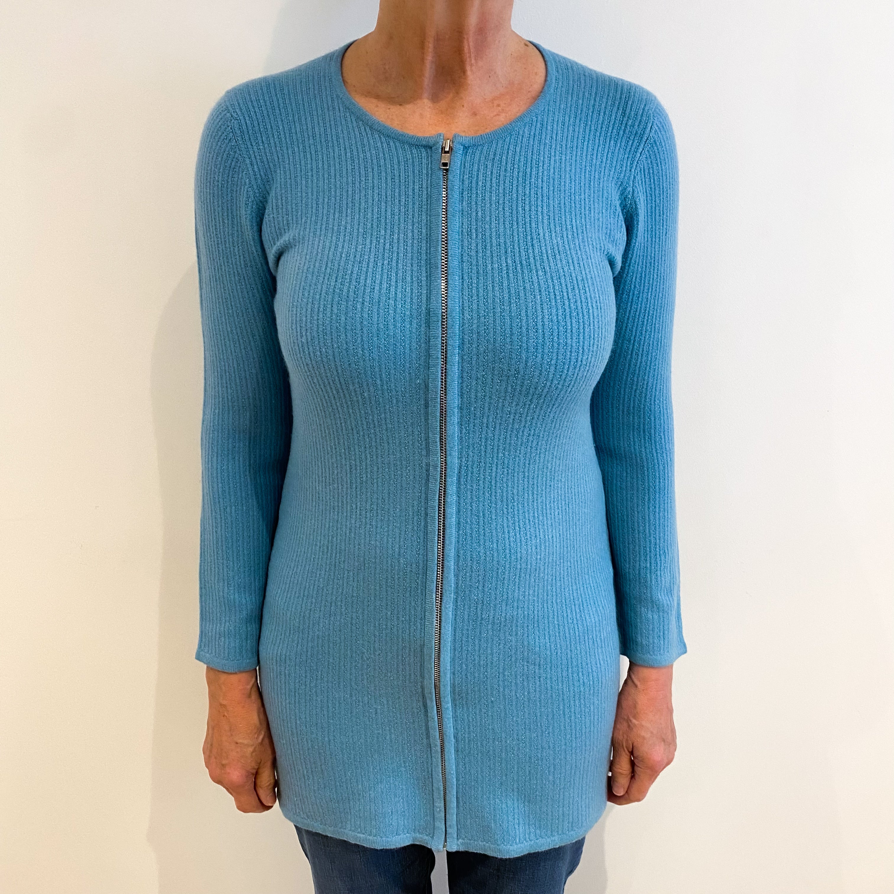 Scottish Aqua Blue Cashmere Crew Neck Zip Up Cardigan Medium