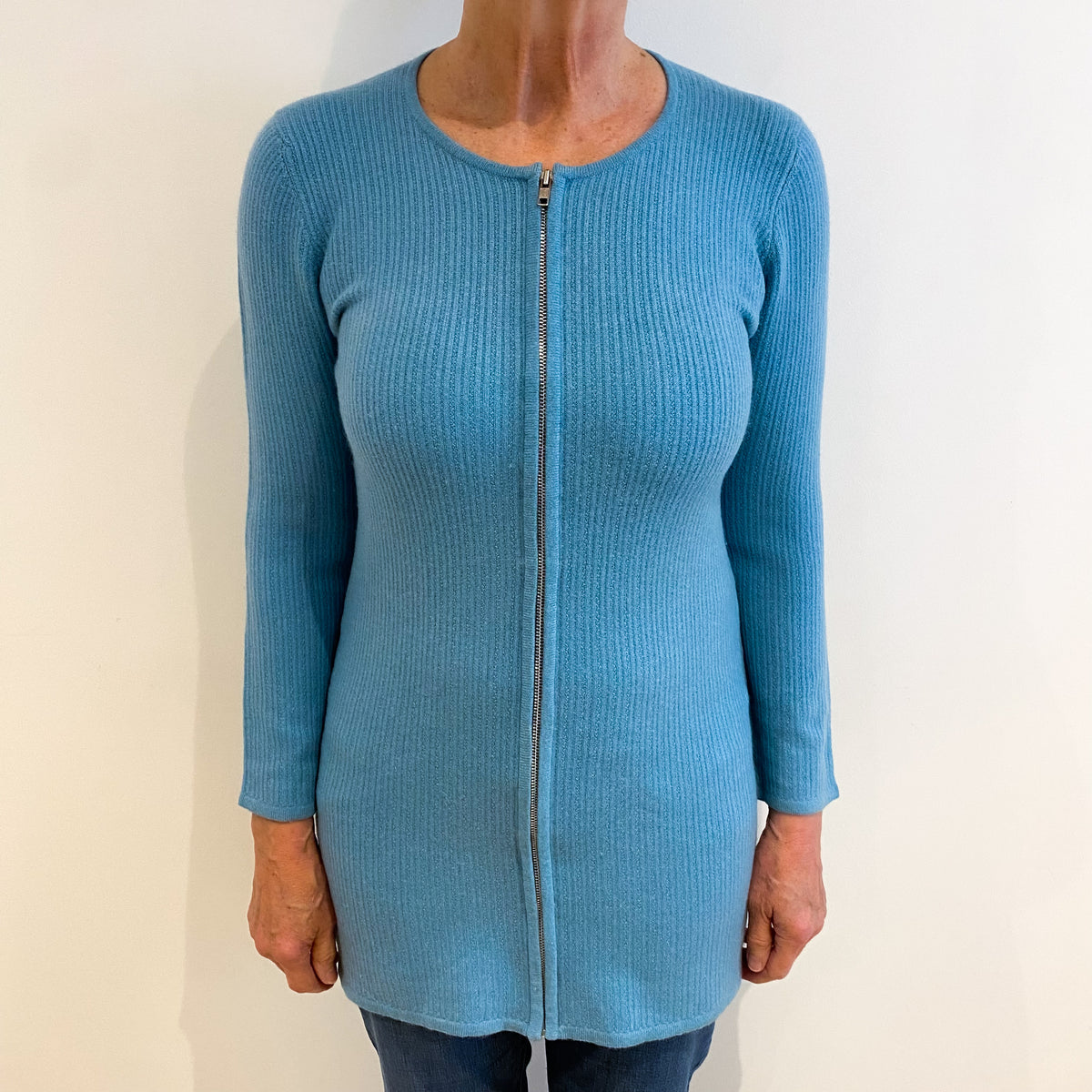 Scottish Aqua Blue Cashmere Crew Neck Zip Up Cardigan Medium