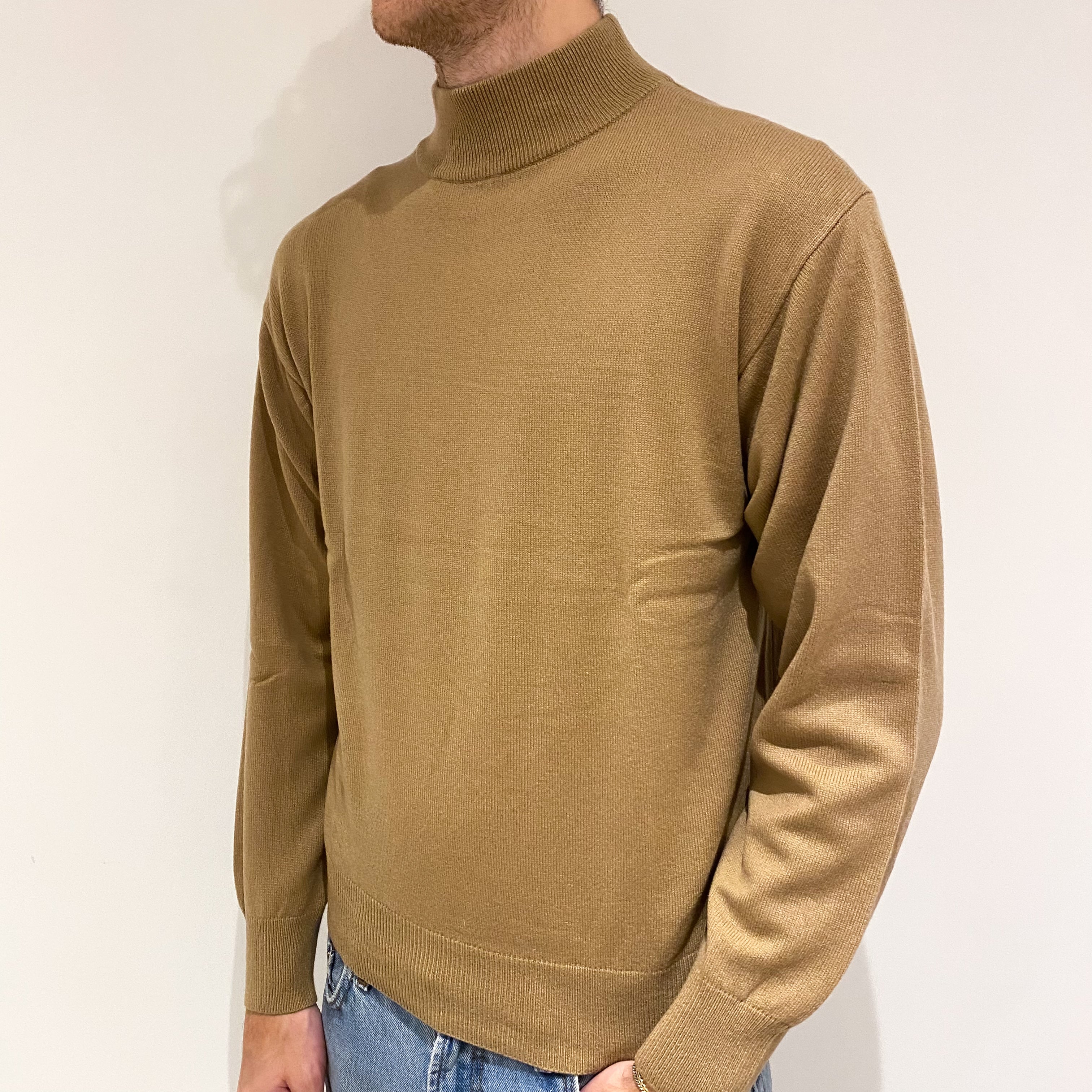 Men's Toffee Brown Cashmere Turtle Neck Jumper Large