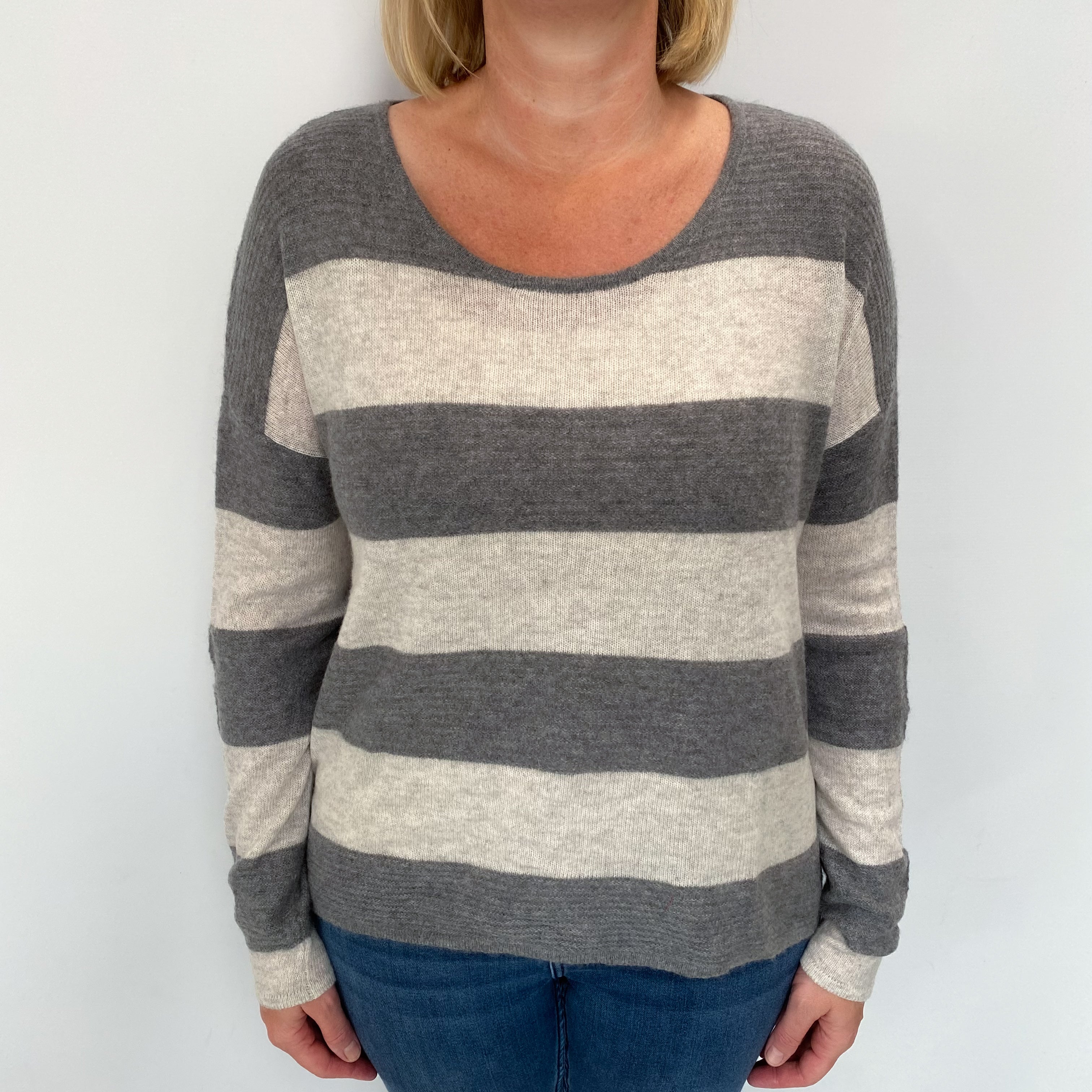 Grey Stripe Cashmere Wide Crew Neck Jumper Large