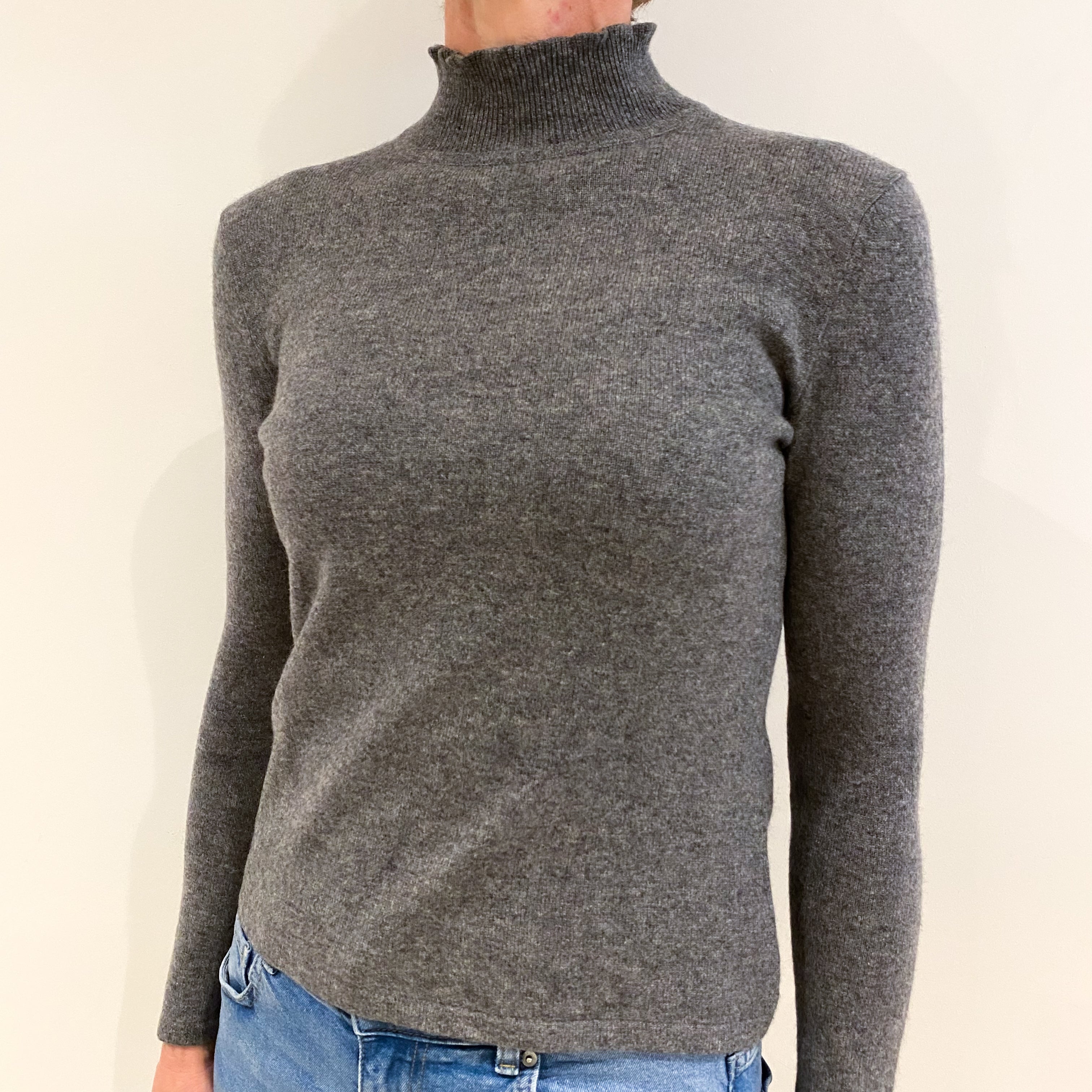 Slate Grey Cashmere Frill Detail Turtle Neck Jumper with Back Button Fastening Small