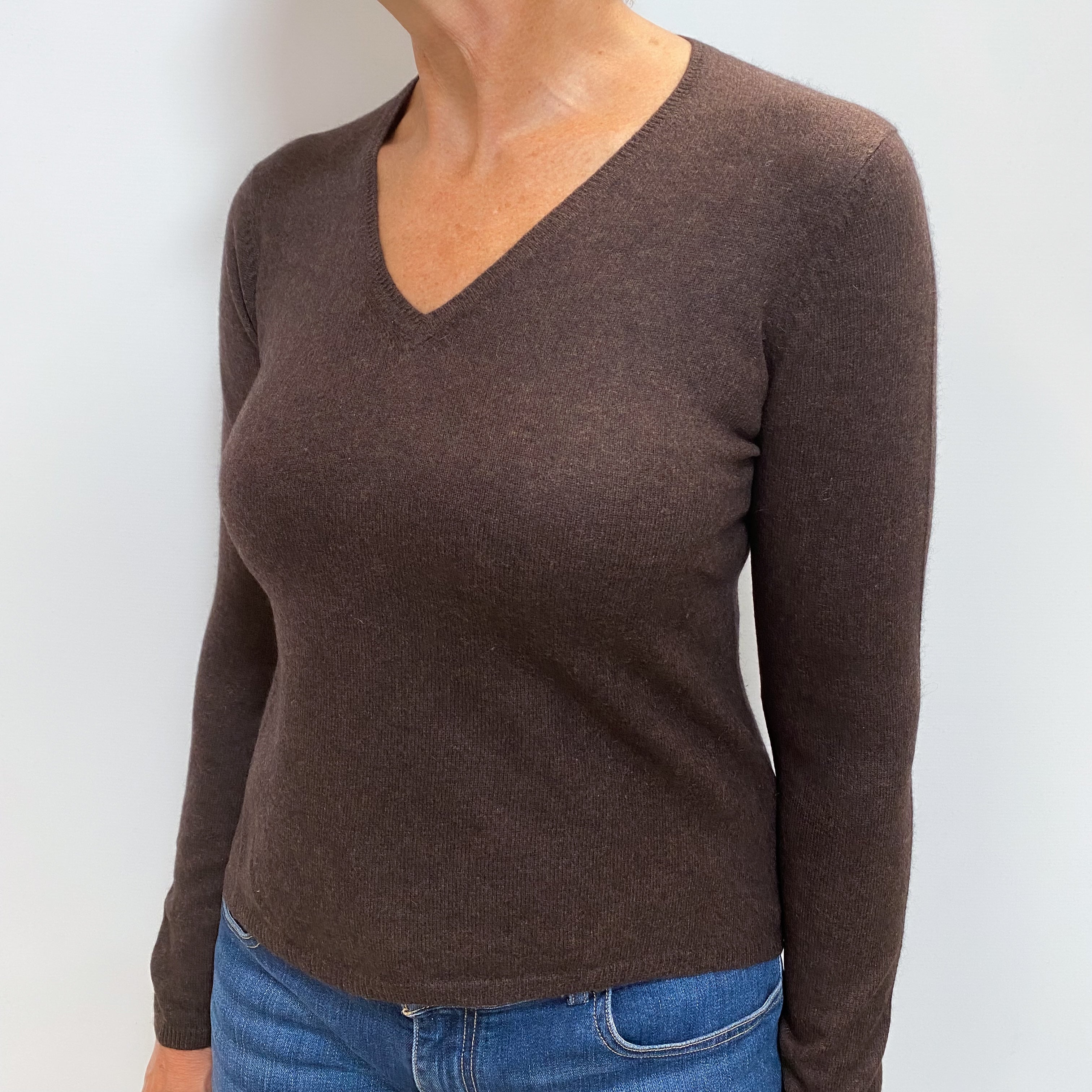 Peppercorn Brown Cashmere V Neck Jumper Medium