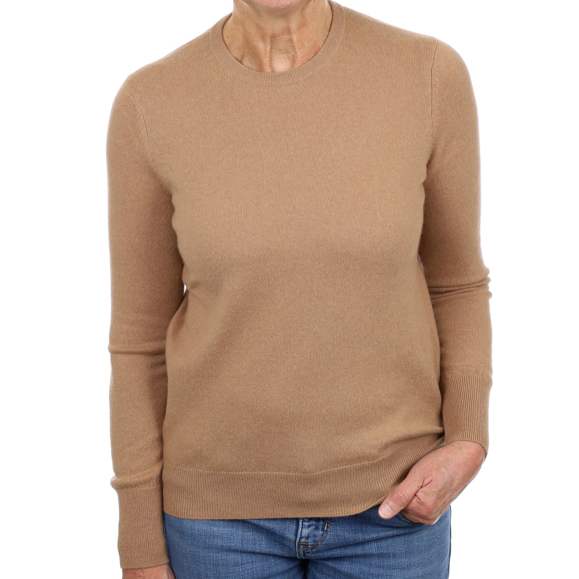 Camel Brown Cashmere Crew Neck Jumper Medium