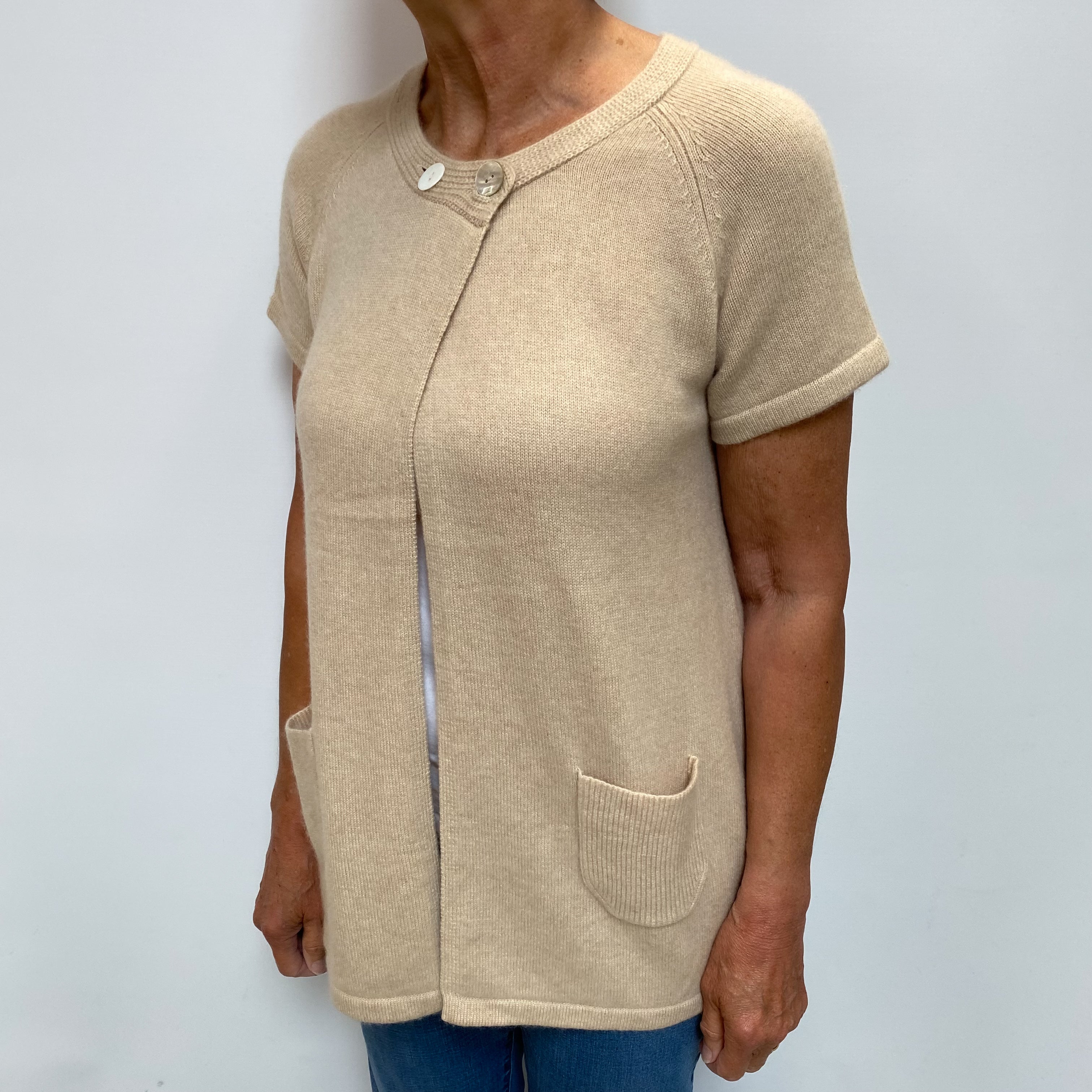 Sand Beige Cashmere Crew Neck Cardigan Medium