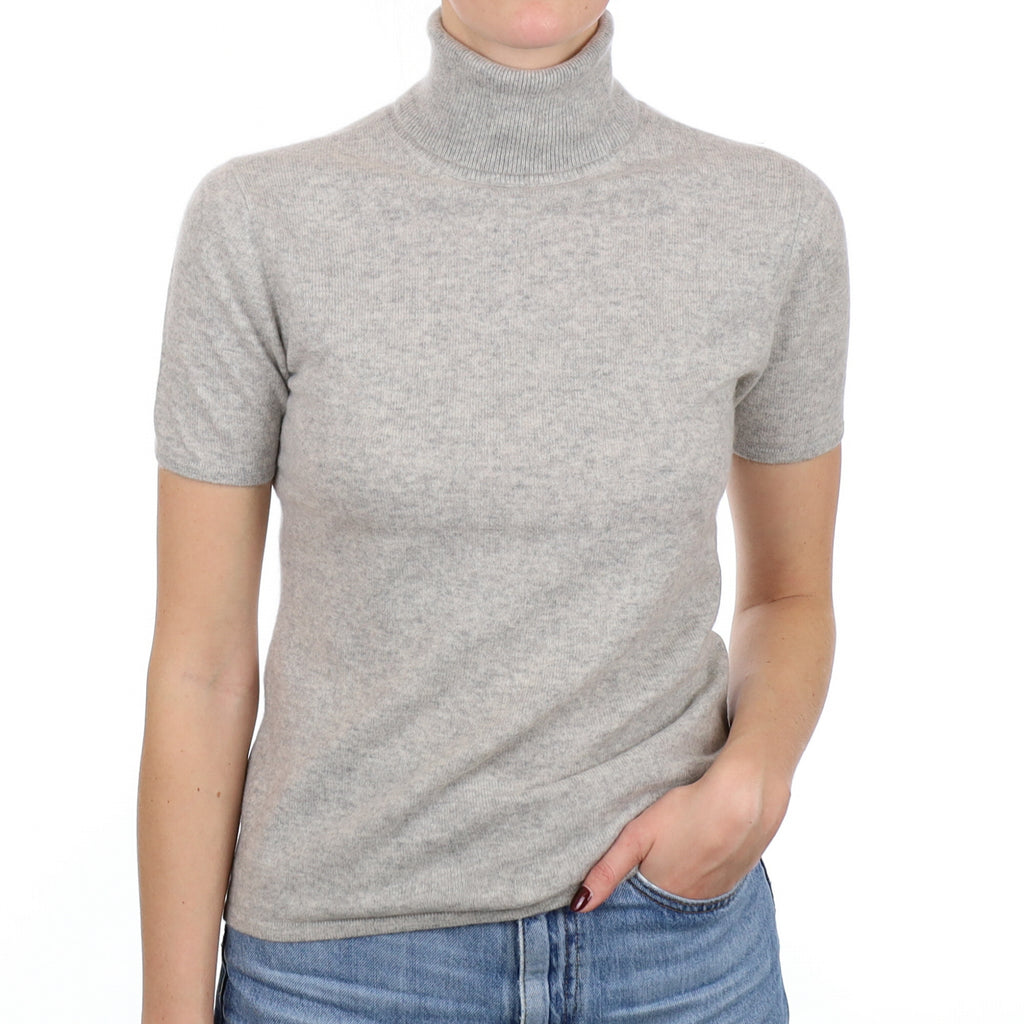 Smoke Grey Cashmere Short Sleeve Polo Neck Jumper Small