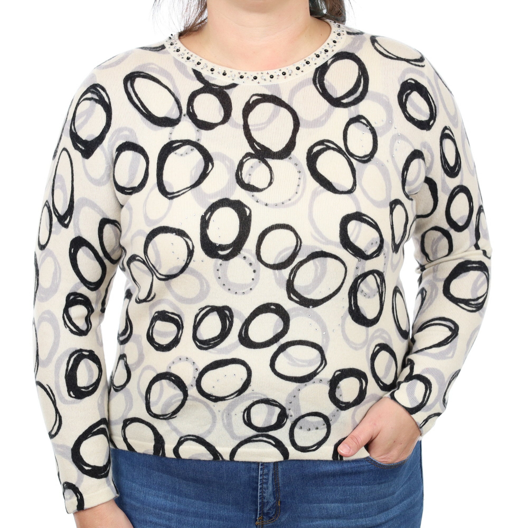 Vanilla Circle Patterned Cashmere Crew Neck Jumper Large
