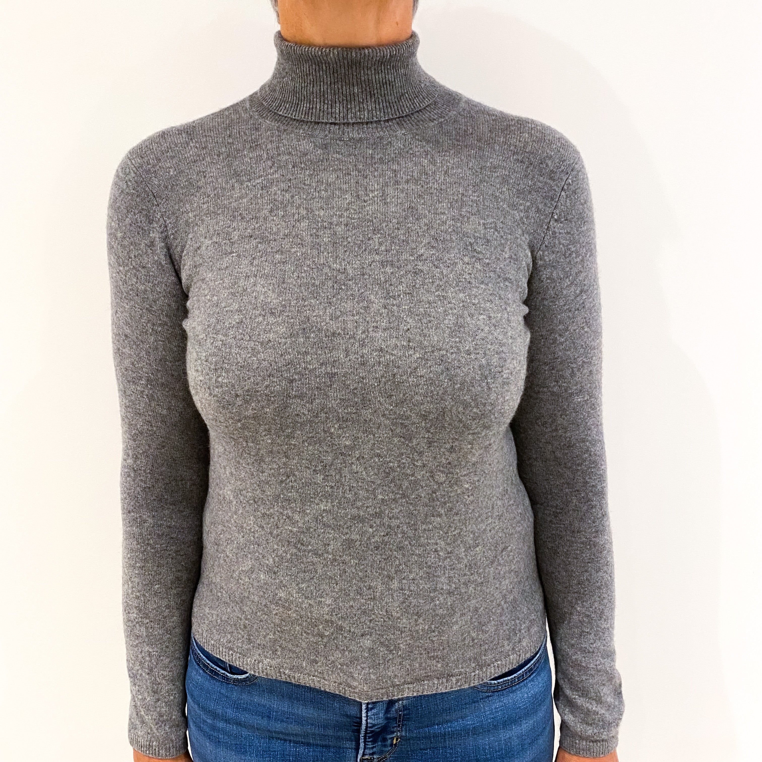 Ash Grey Cashmere Polo Neck Jumper Medium
