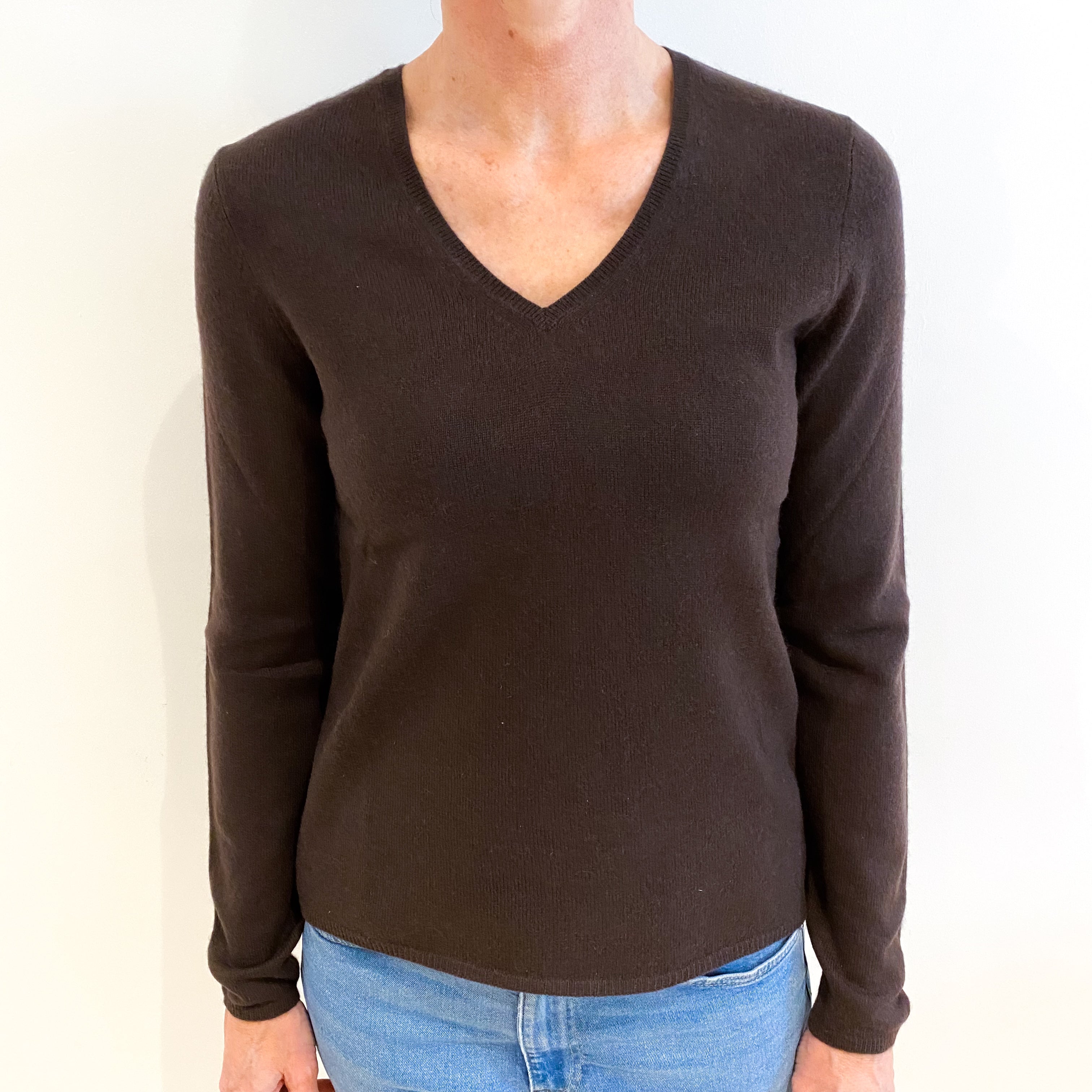 Chocolate Brown Cashmere V Neck Jumper Small