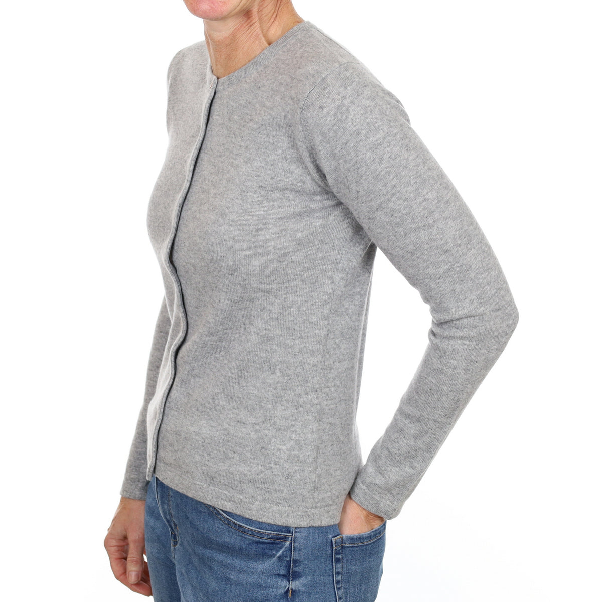 New Smoke Grey Cashmere Crew Neck Cardigan Small