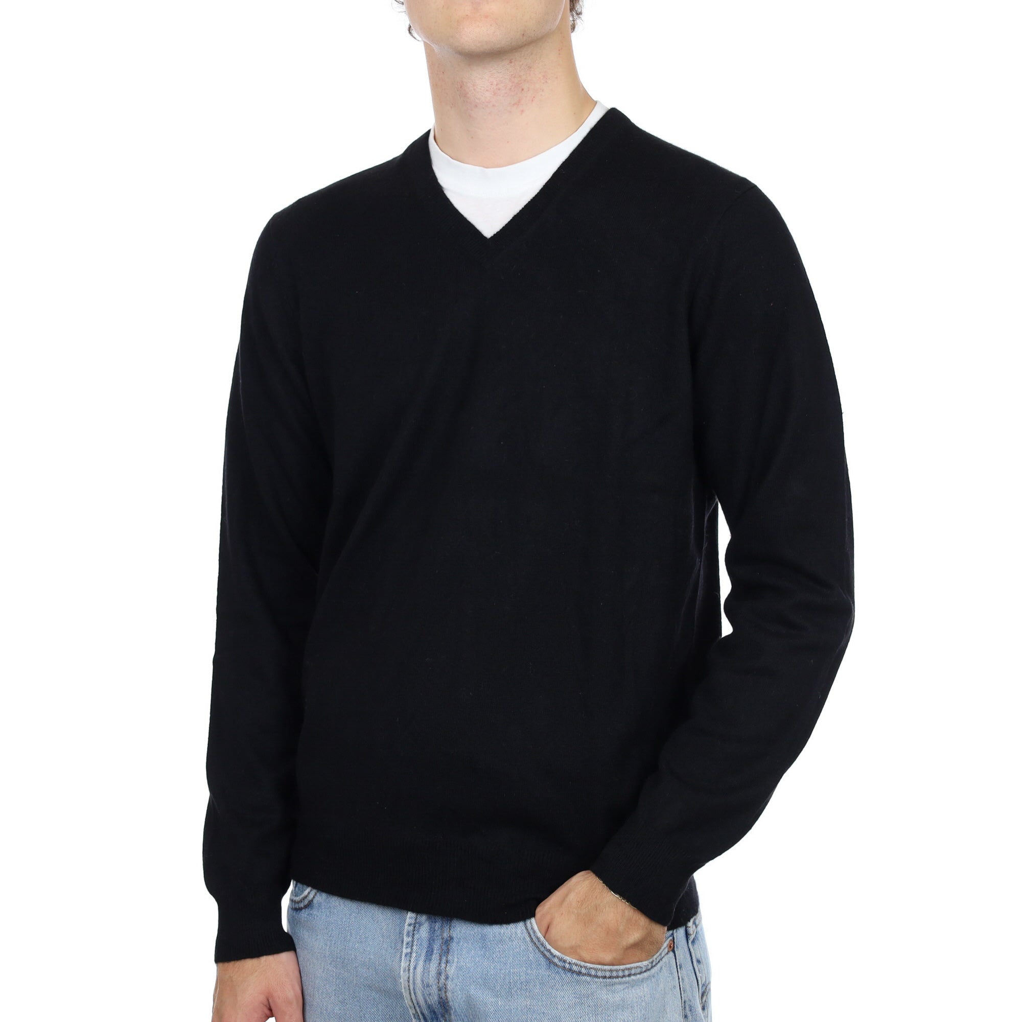 Men's Black Cashmere V Neck Jumper Medium