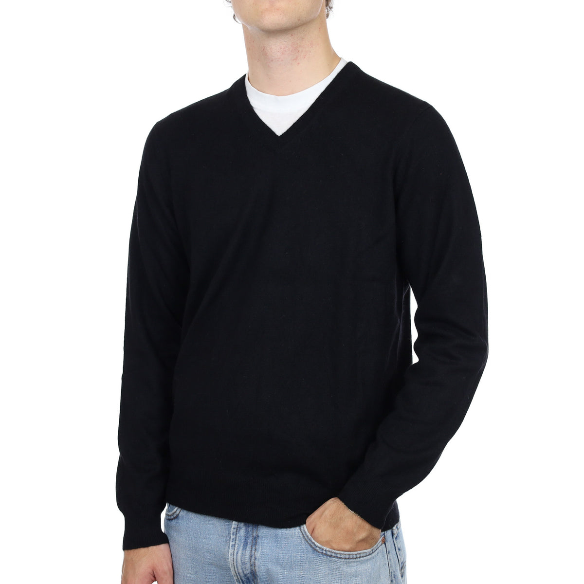 Men's Black Cashmere V Neck Jumper Medium