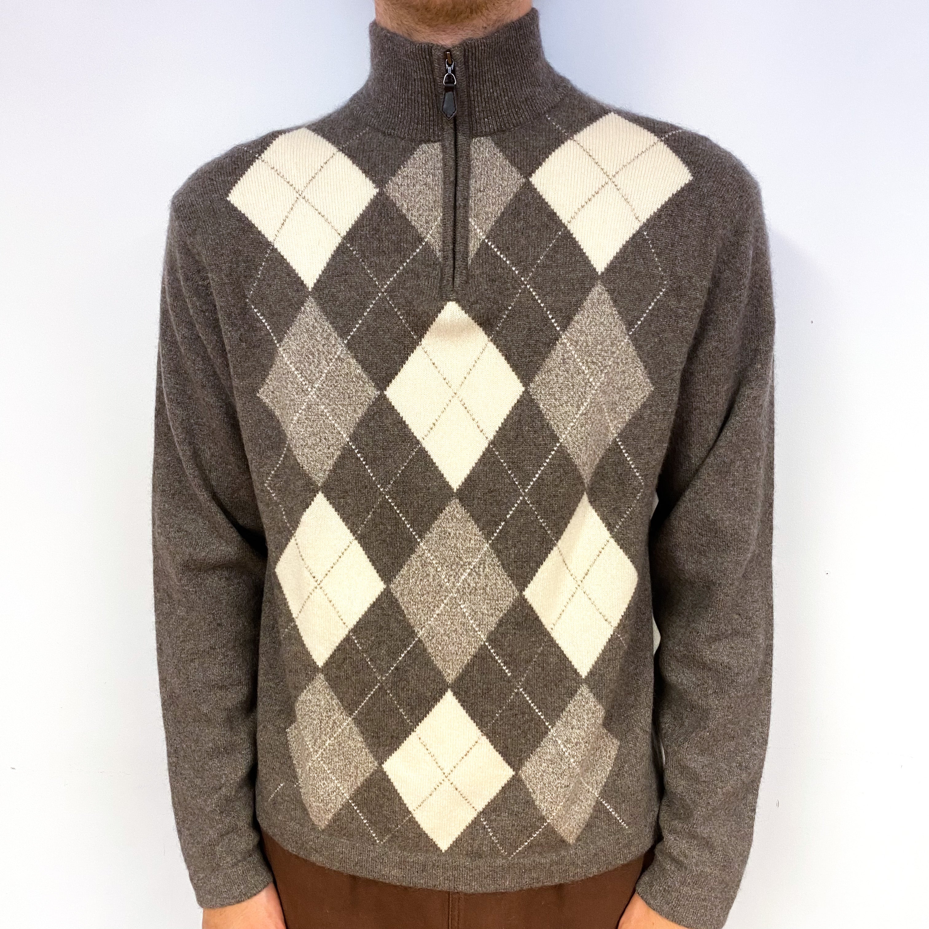 Men's Mocha Brown Cream Diamond Cashmere 1/4 Zip Jumper Large