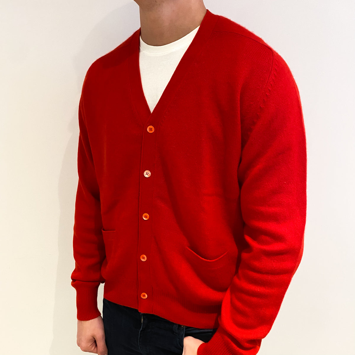 Men's Vintage Vermillion Red Cashmere V Neck Cardigan XXL