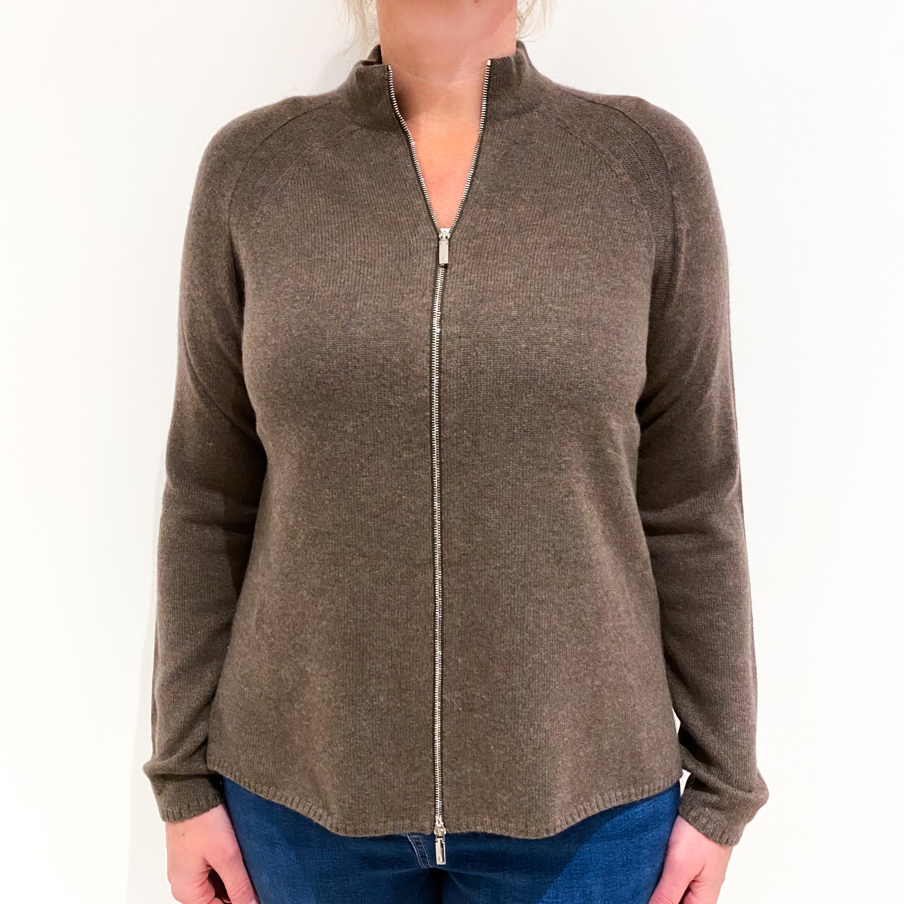 Khaki Brown Marl Cashmere Zip Up Cardigan Large