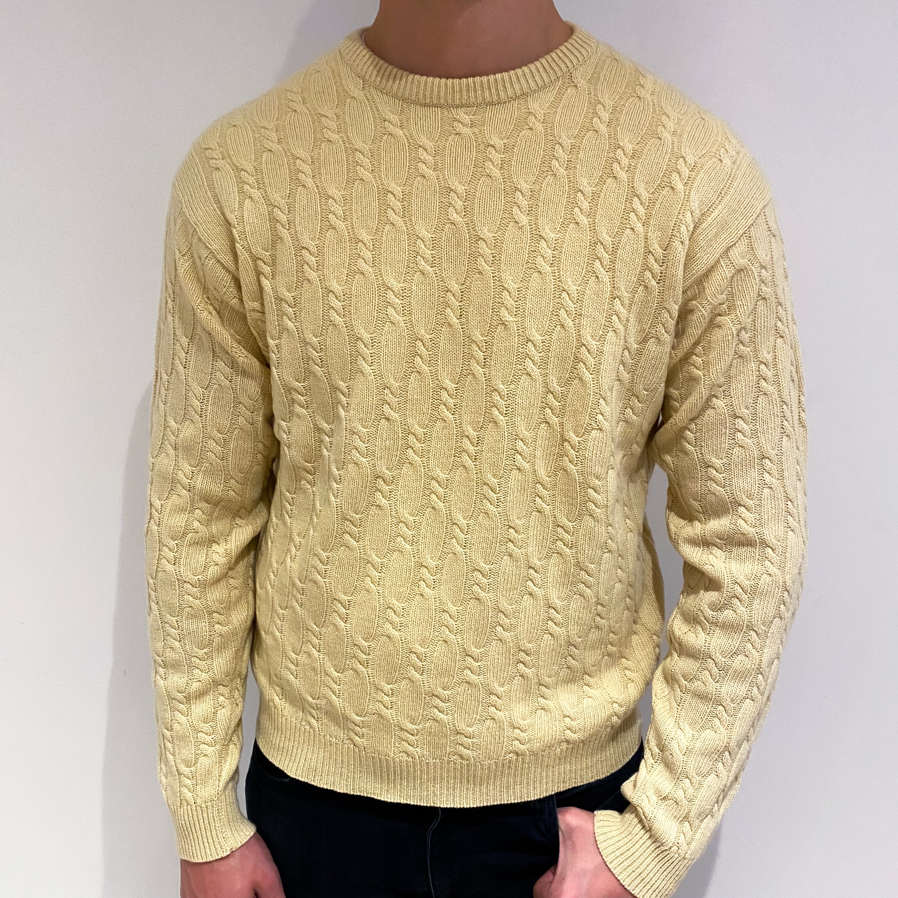 Men's Vintage Buttermilk Yellow Cashmere Crew Neck Cable Knit Jumper XL