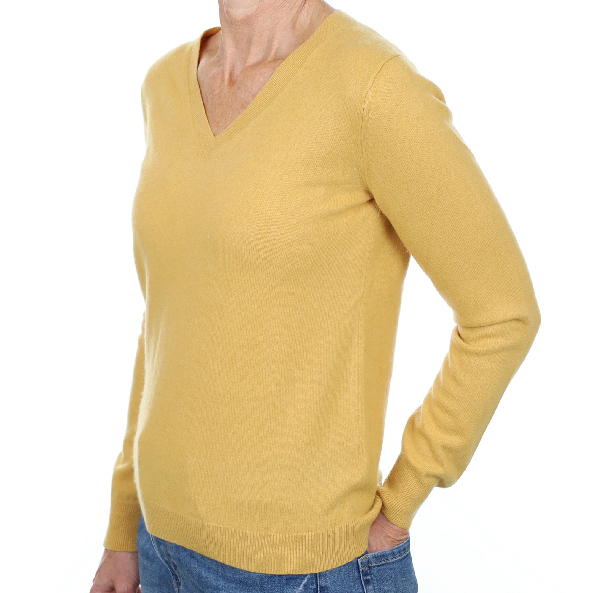 Flaxen Yellow Cashmere V Neck Jumper Small