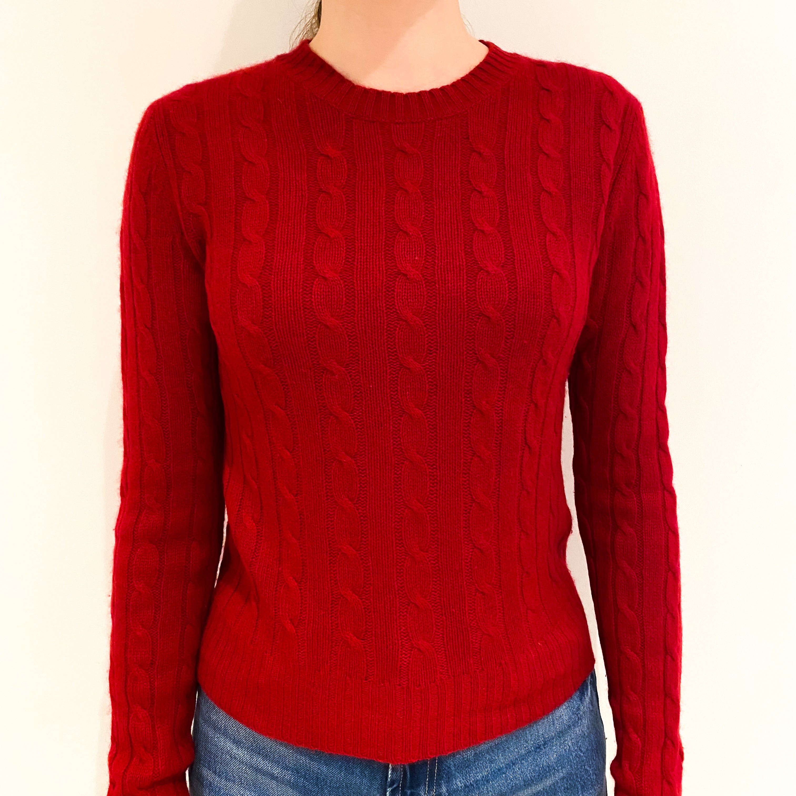 Post Box Red Cable Knit Cashmere Crew Neck Jumper Extra Small