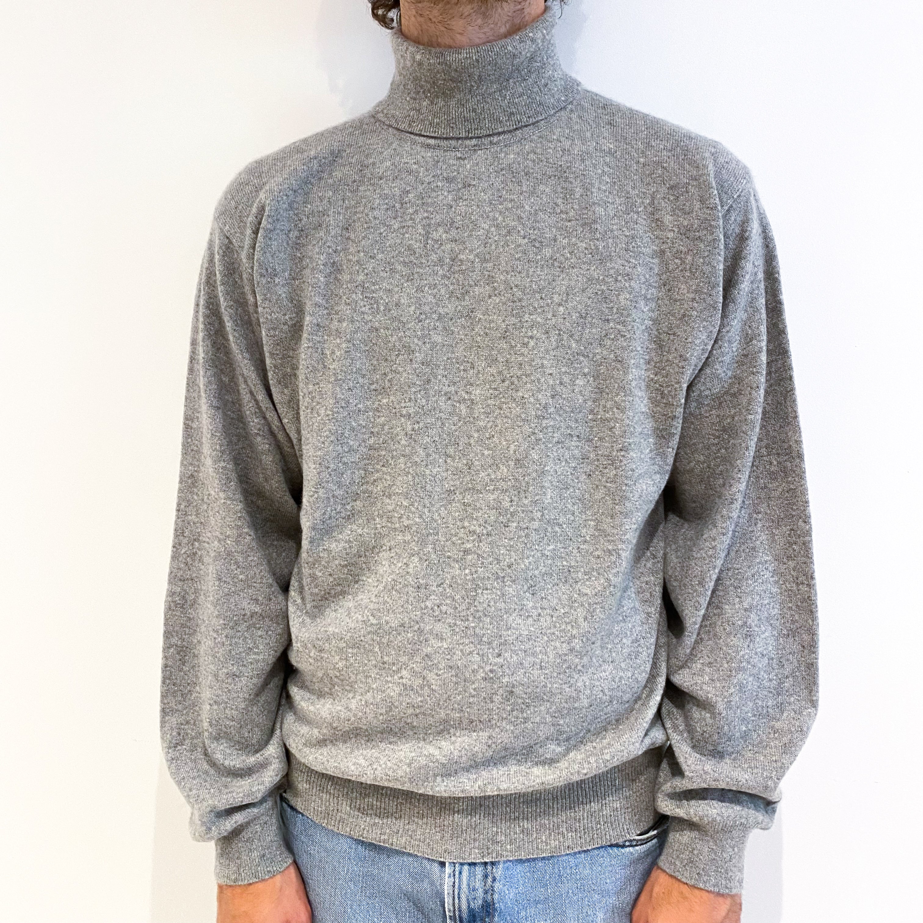 Men's Smoke Grey Cashmere Polo Neck Jumper Large