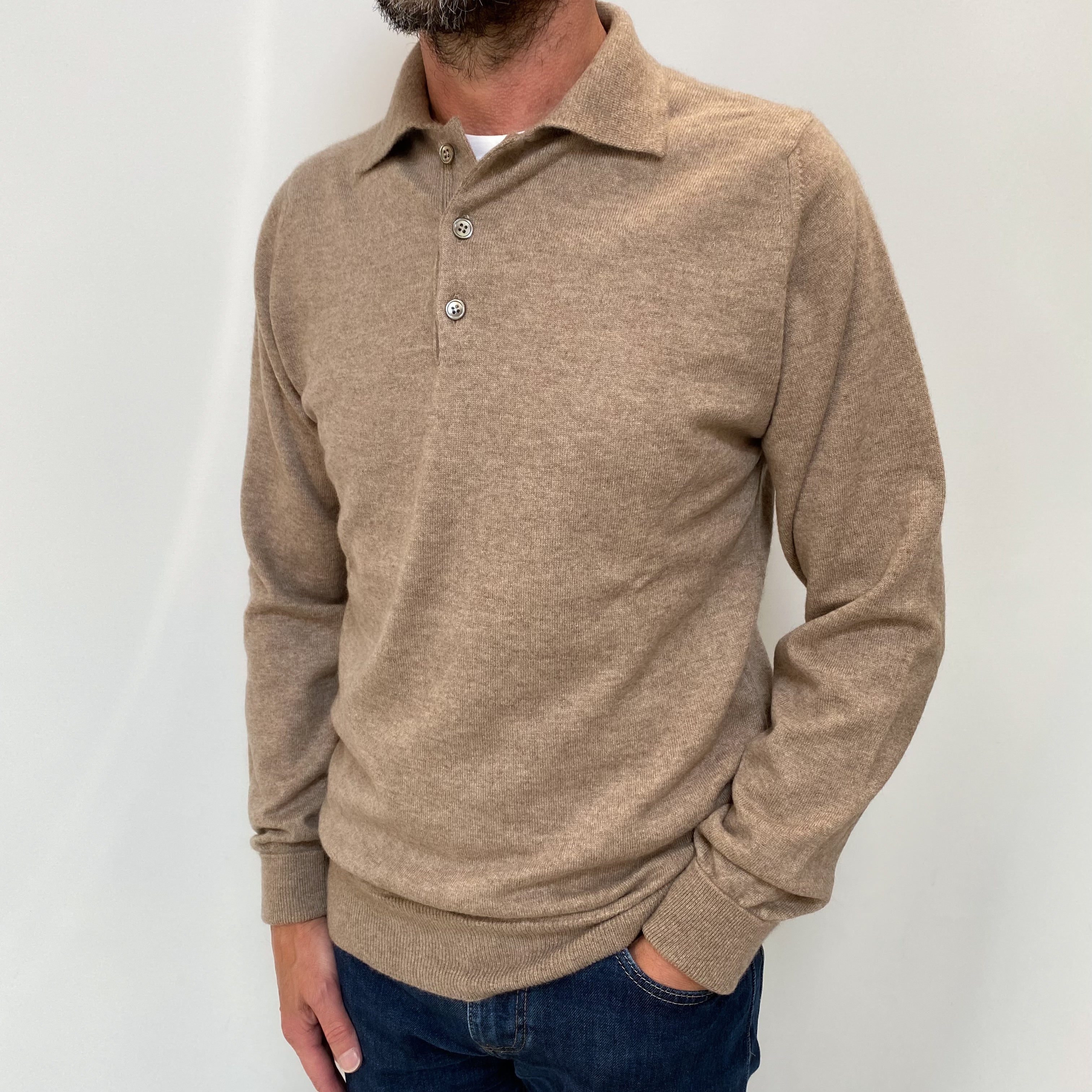 Men's Taupe Cashmere Quarter Button Jumper Small