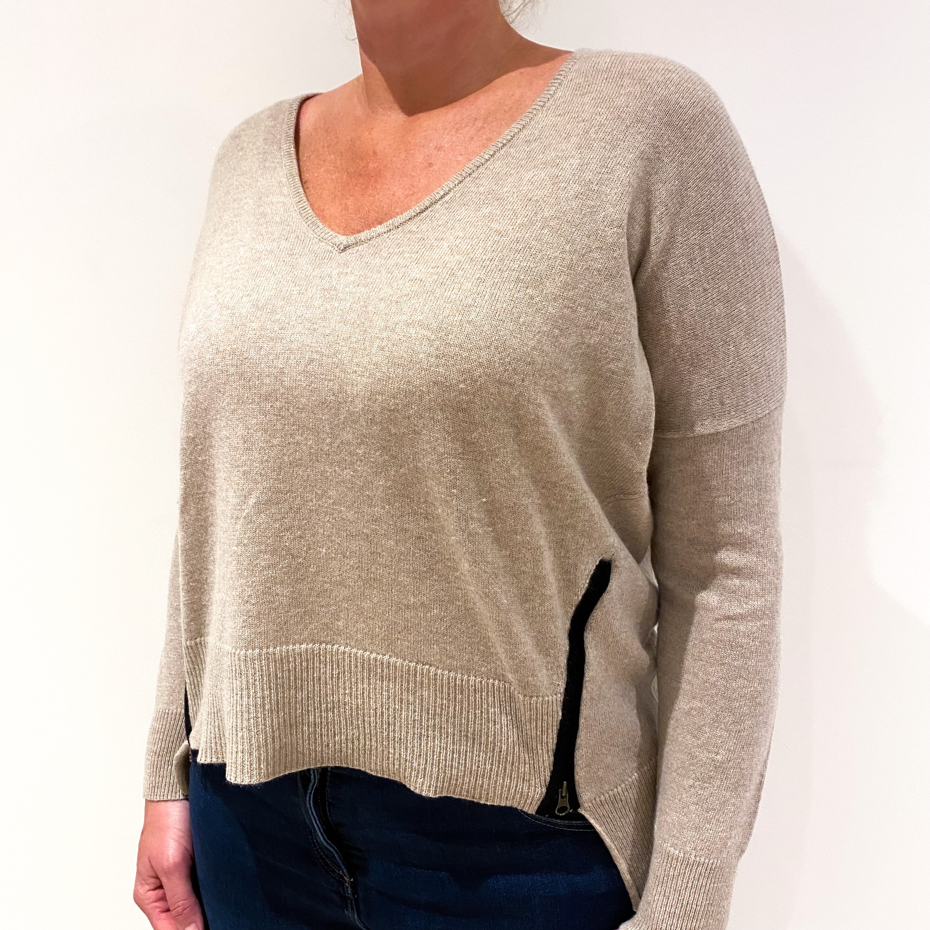 Fawn Beige Side Zips Cashmere V-Neck Jumper Large