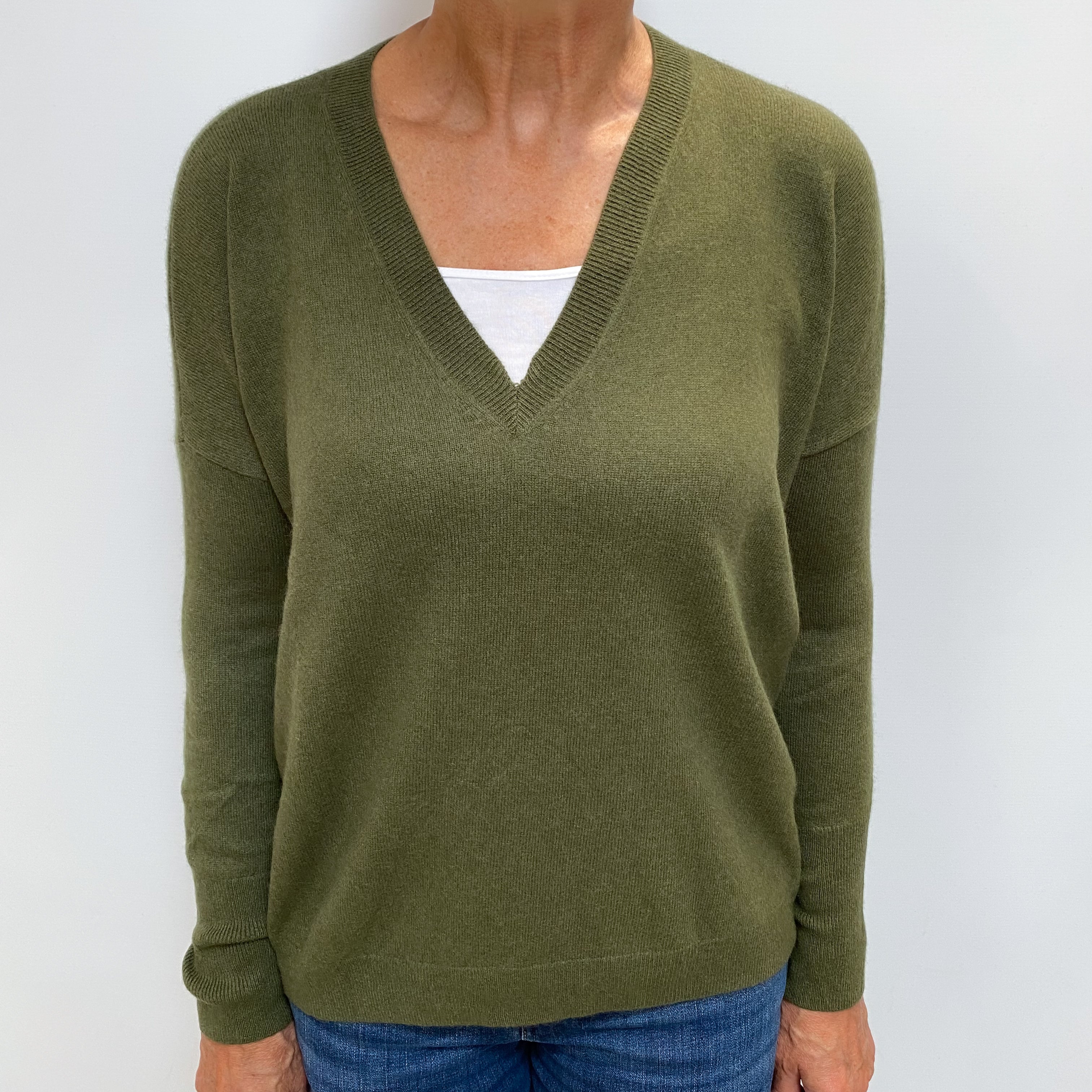 Khaki Green Cashmere V Neck Jumper Medium