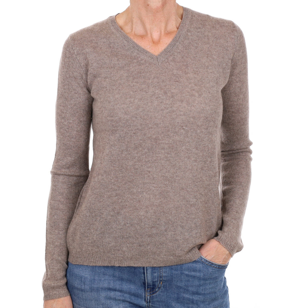Mocha Brown Cashmere V Neck Jumper Small