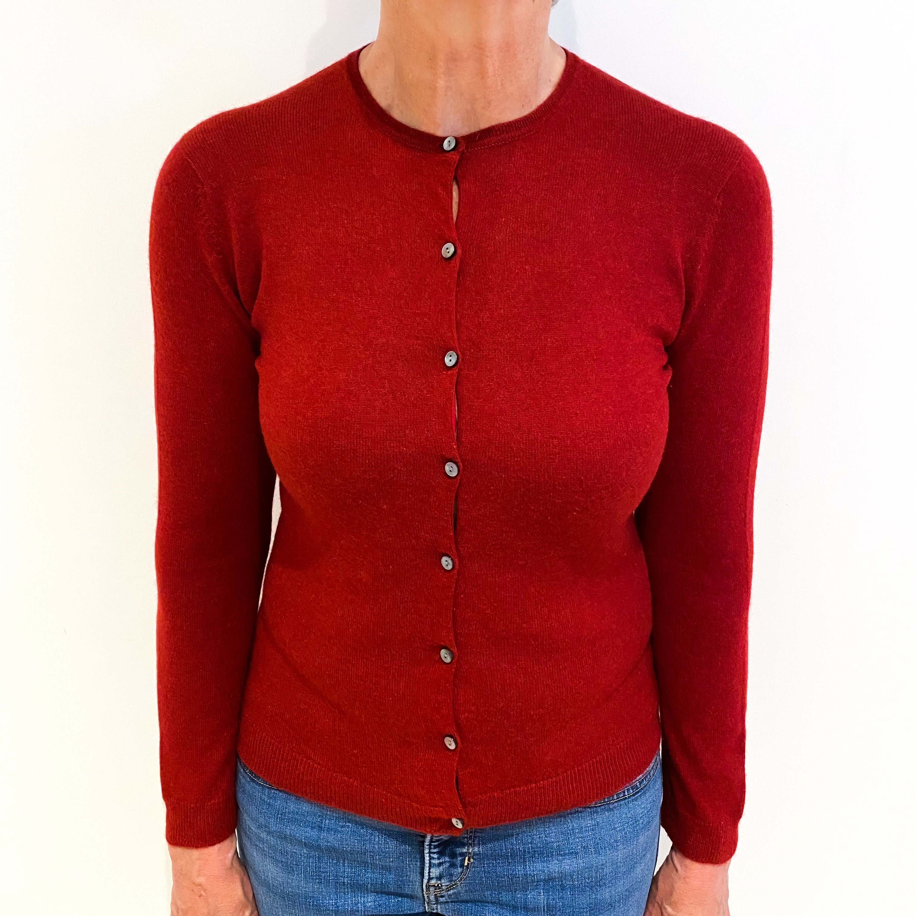 Italian Crimson Red Cashmere Crew Neck Cardigan Medium