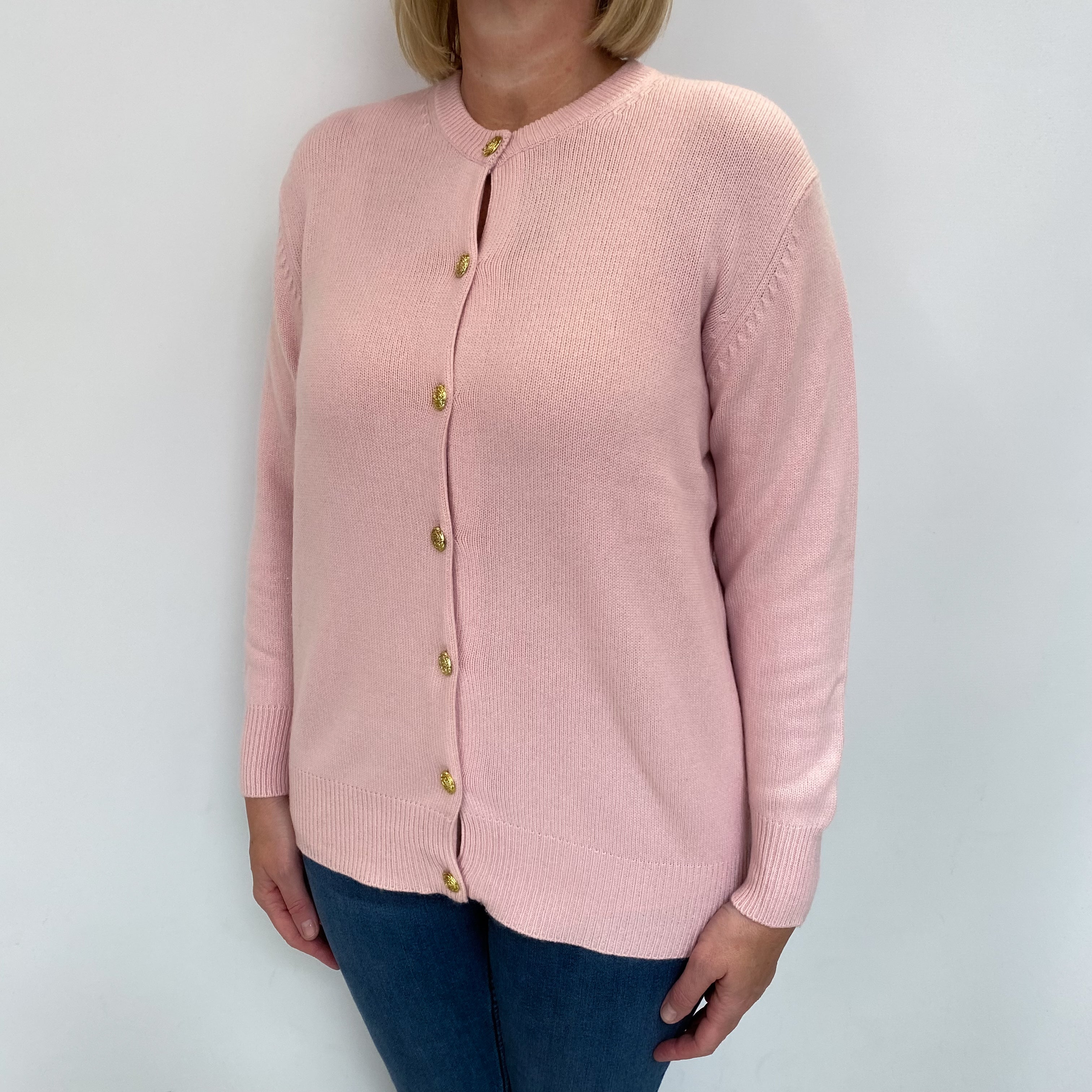Carnation Pink Cashmere Crew Neck Cardigan Large