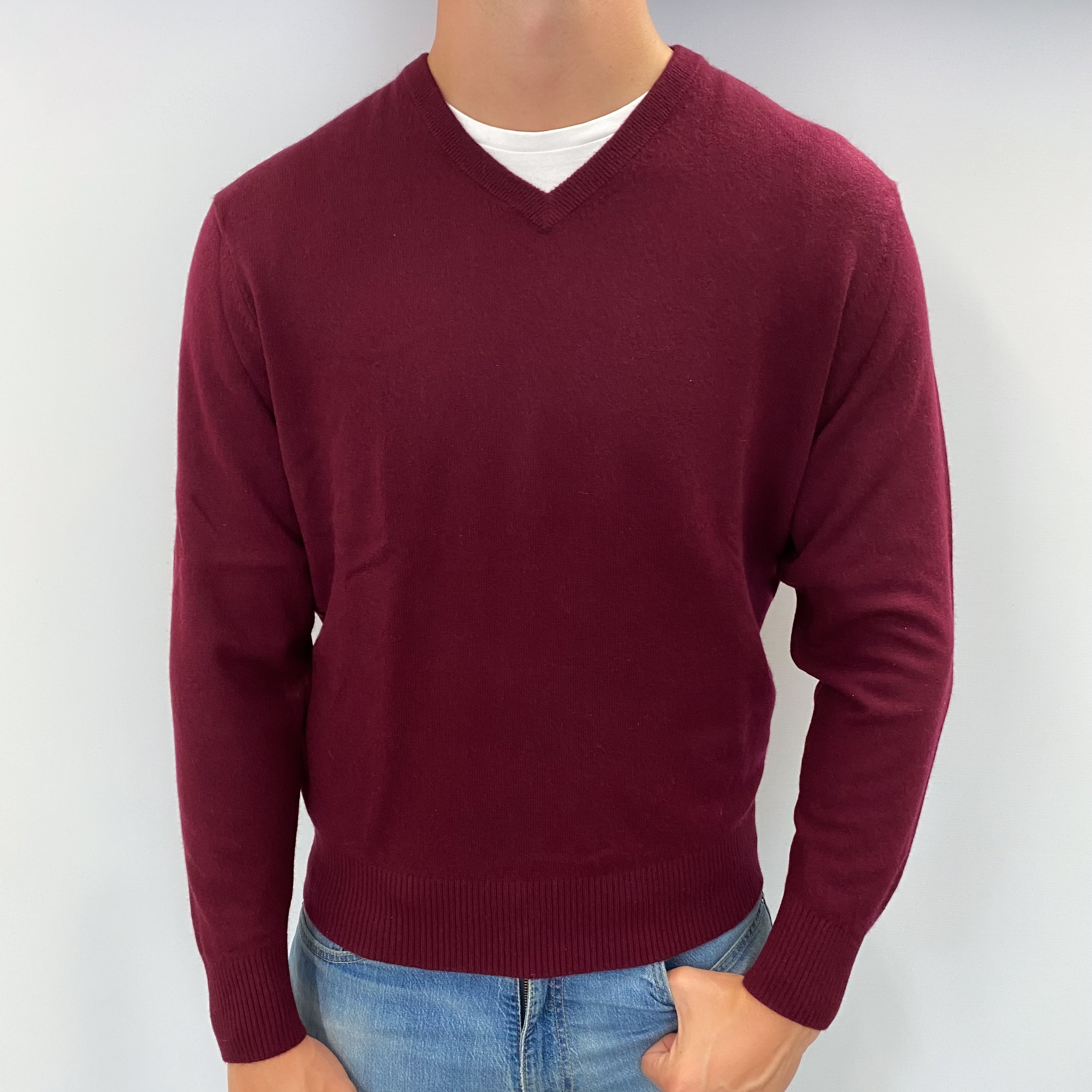 Men's Burgundy Red Cashmere V Neck Jumper XL
