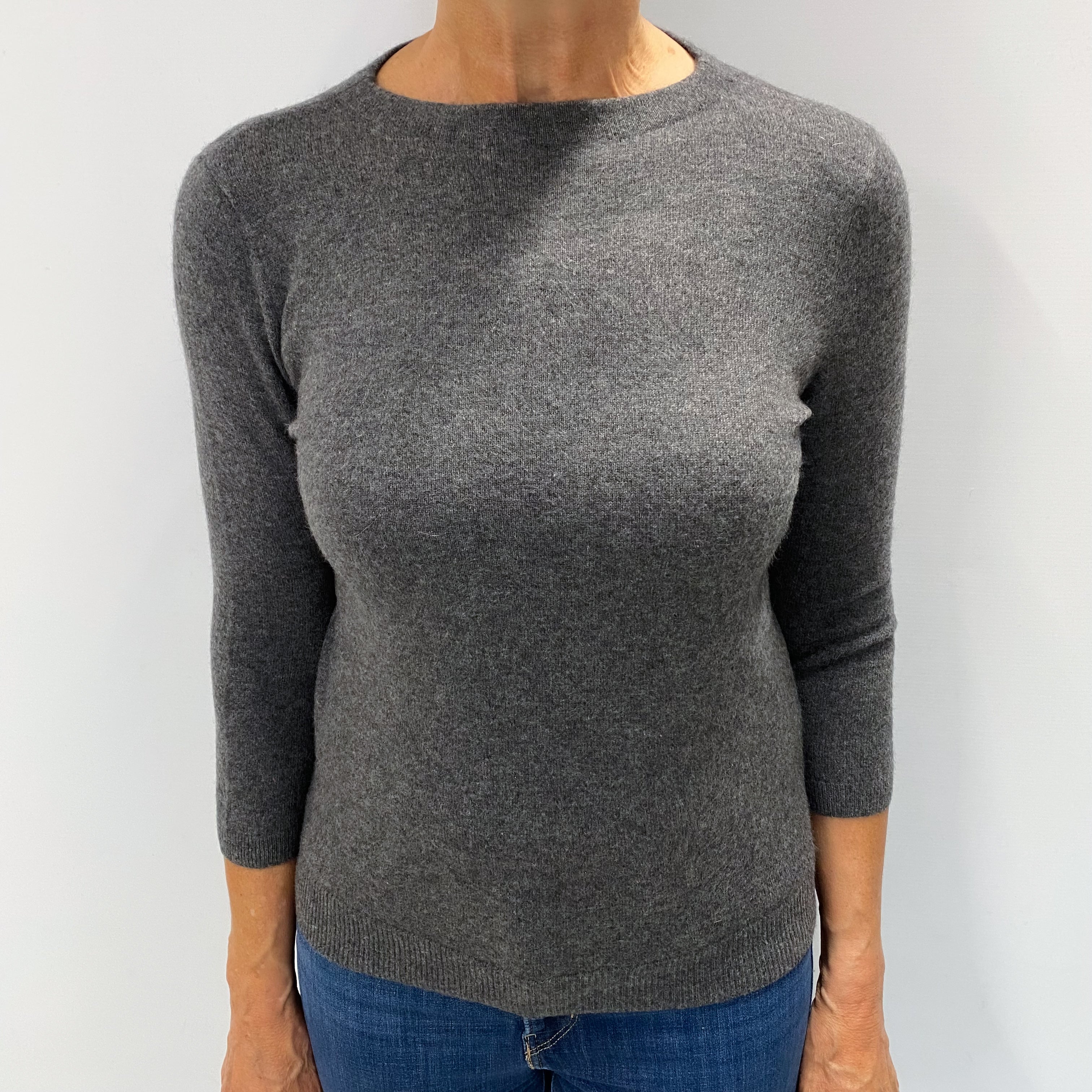 Slate Grey Cashmere 3/4 Sleeve Crew Neck Jumper Medium