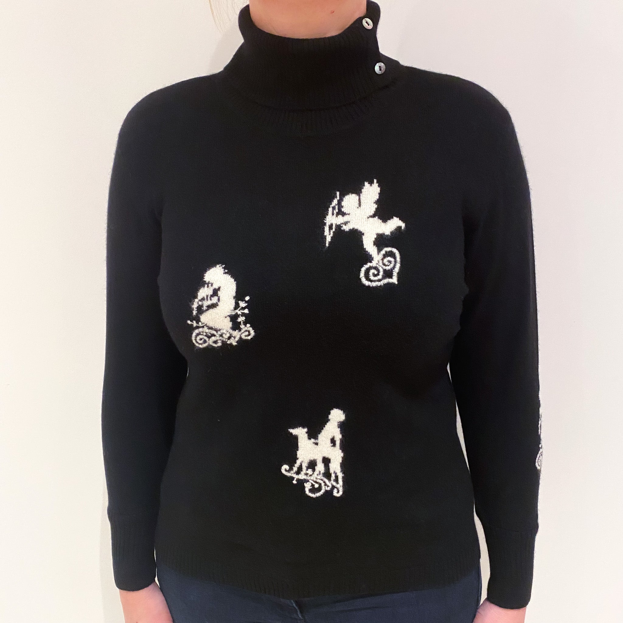 Black Cherub Motif Cashmere Polo Neck Jumper Large