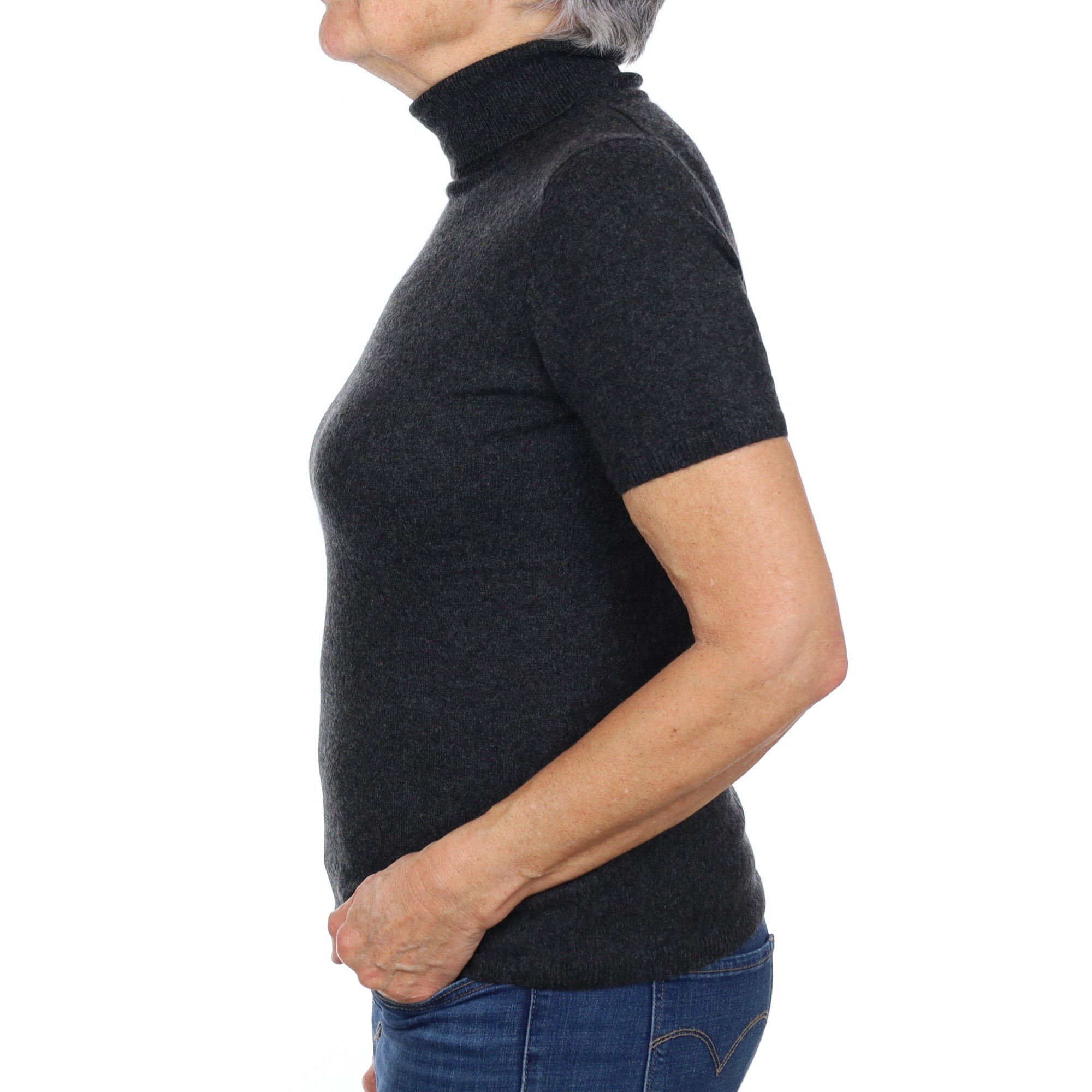Charcoal Grey Cashmere Polo Neck Short Sleeved Jumper Medium