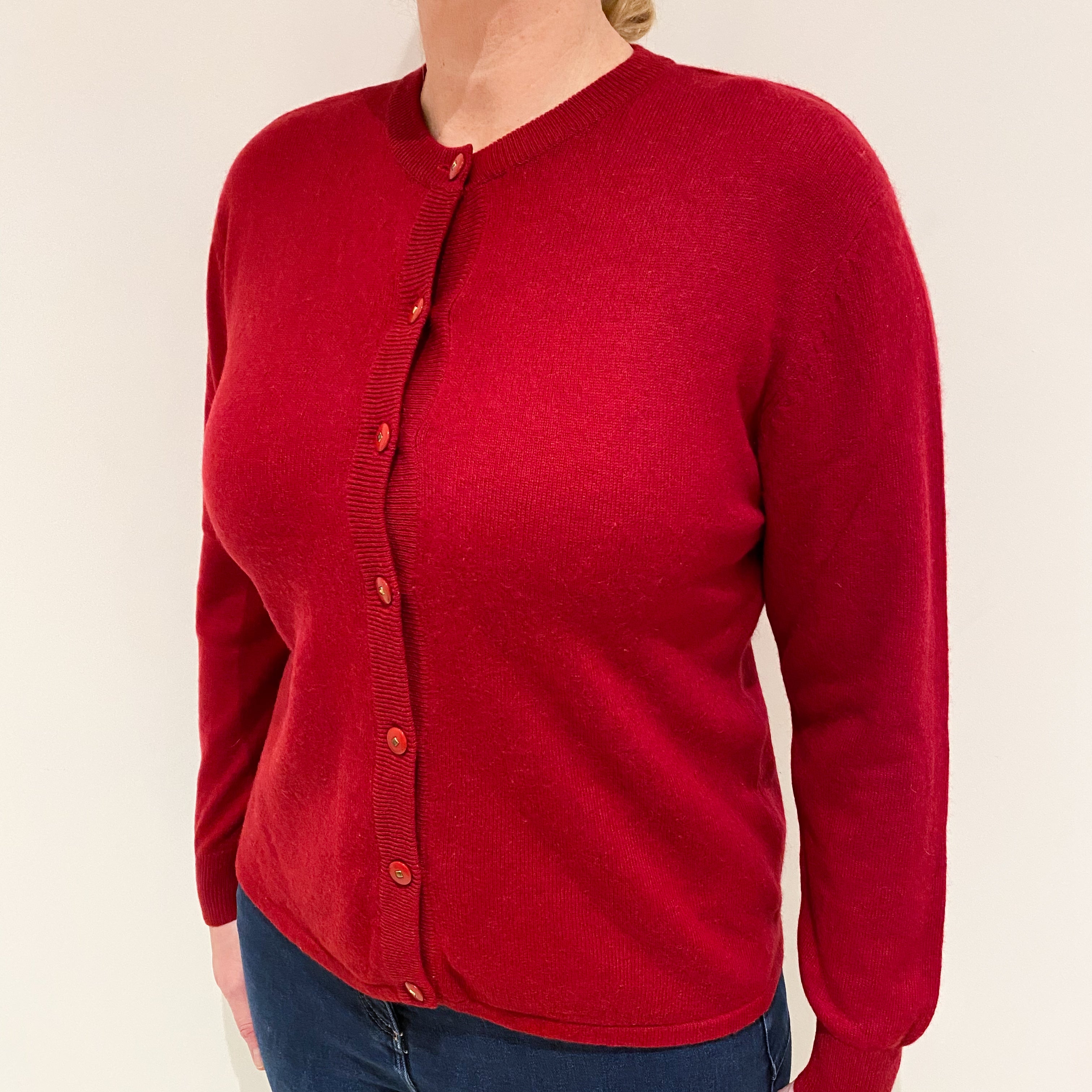 Crimson Red Cashmere Crew Neck Cardigan Large