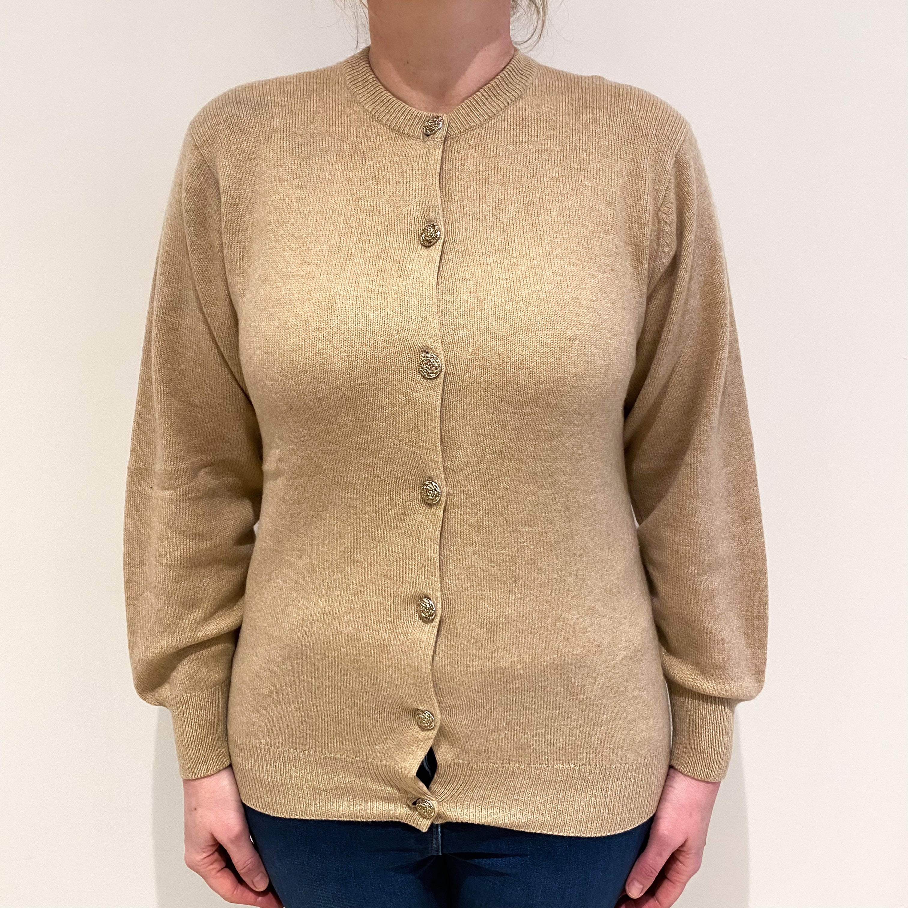 Vintage Scottish Sand Beige Cashmere Crew Neck Cardigan Large