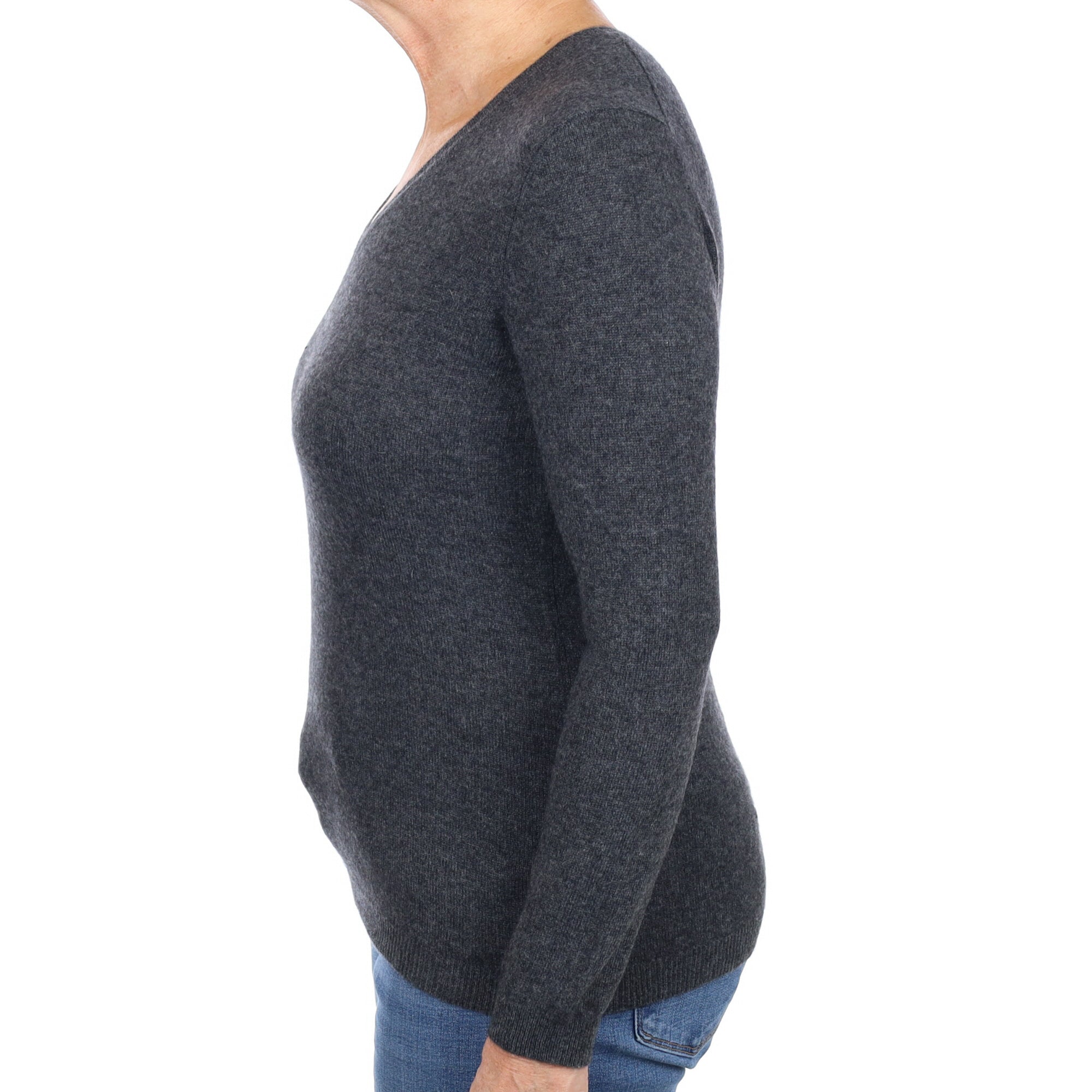 Charcoal Grey Cashmere V Neck Jumper Medium