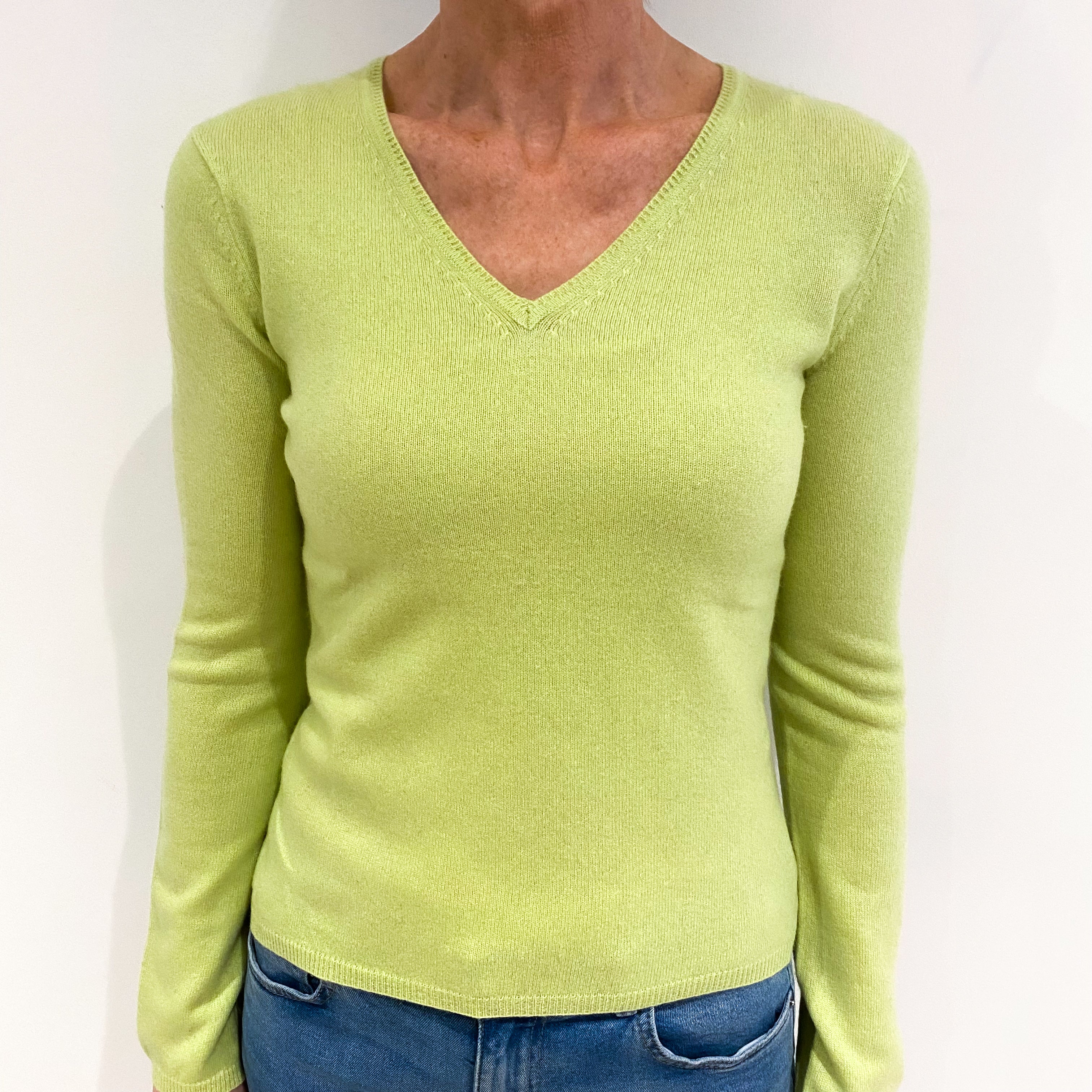 Soft Lime Green Cashmere V Neck Jumper Small