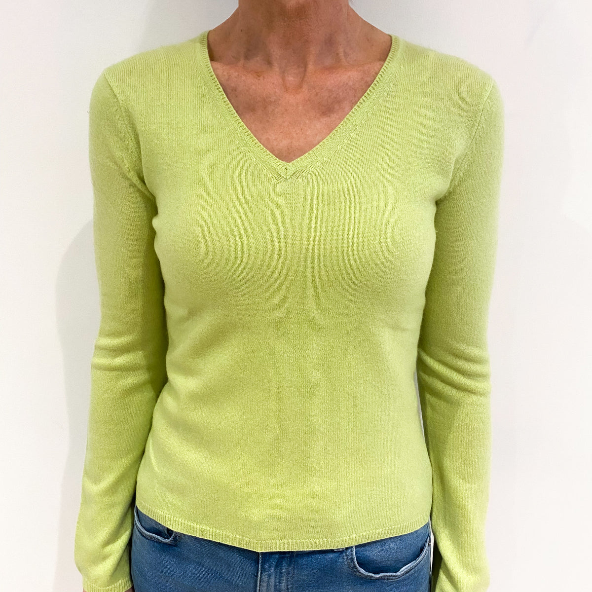 Soft Lime Green Cashmere V Neck Jumper Small